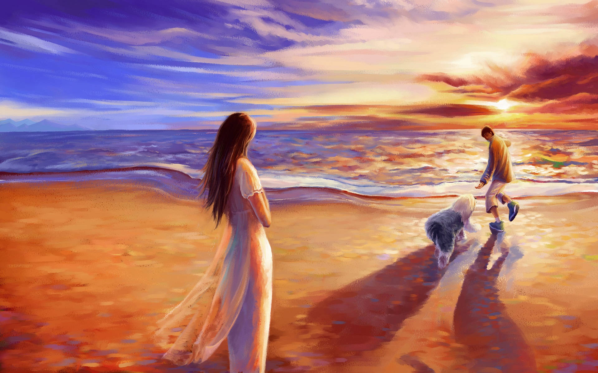 Playing On Beach Sunset Painting Wallpaper