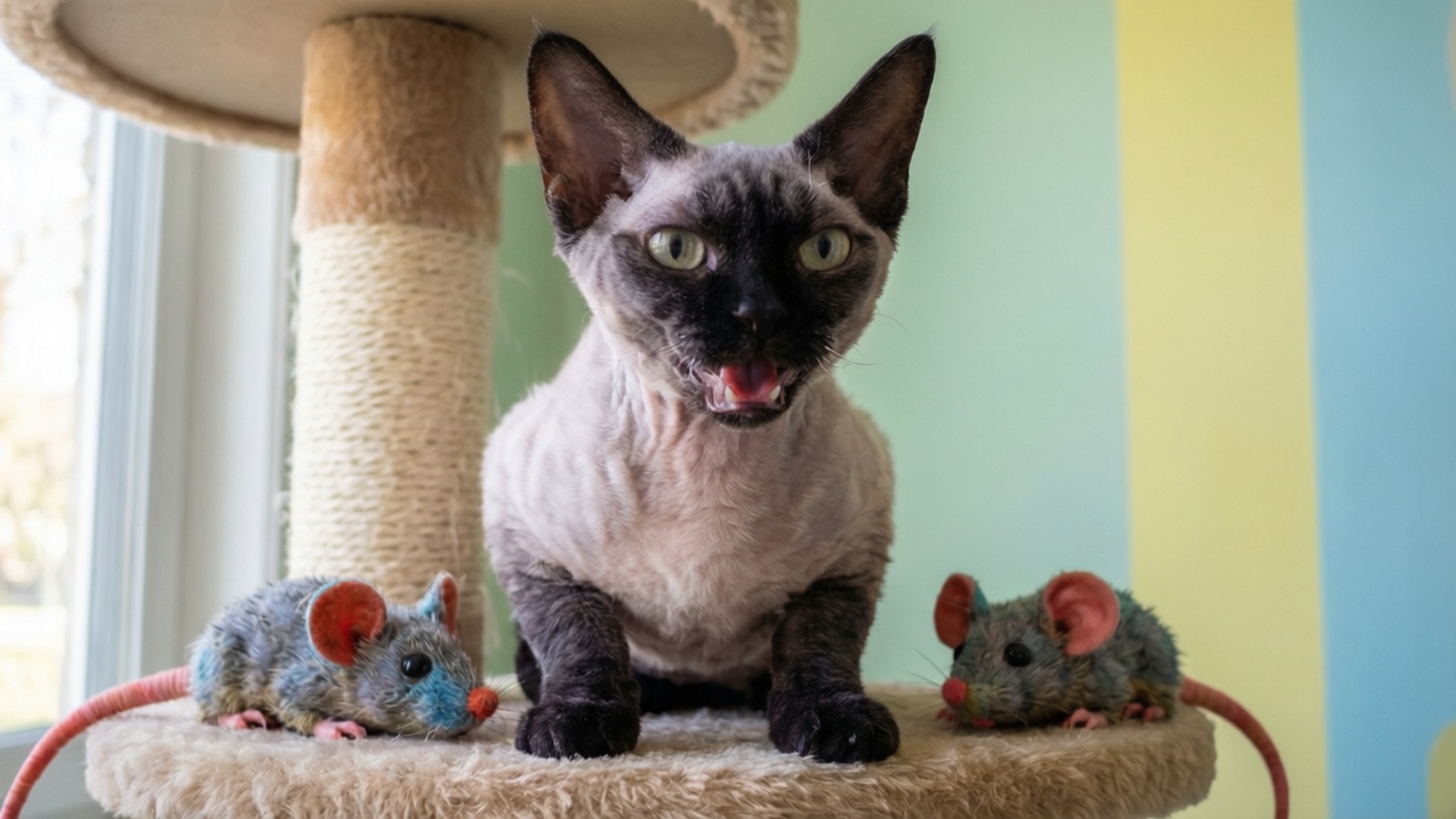 German Rex cat with lilac points sitting on cat tree amid toys.