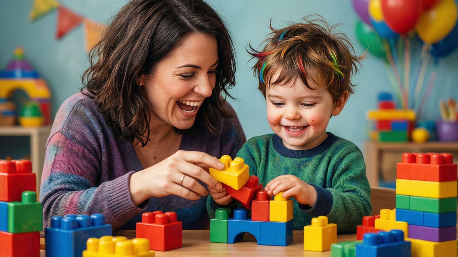Ibu dan balita membangun balok Lego berwarna-warni bersama di dalam ruangan.