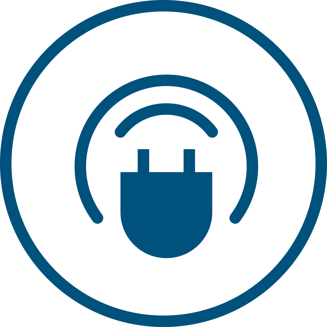 Plugand Socket Icon PNG — A blue plug icon with wireless signal arcs centered in concentric circles on a black background.