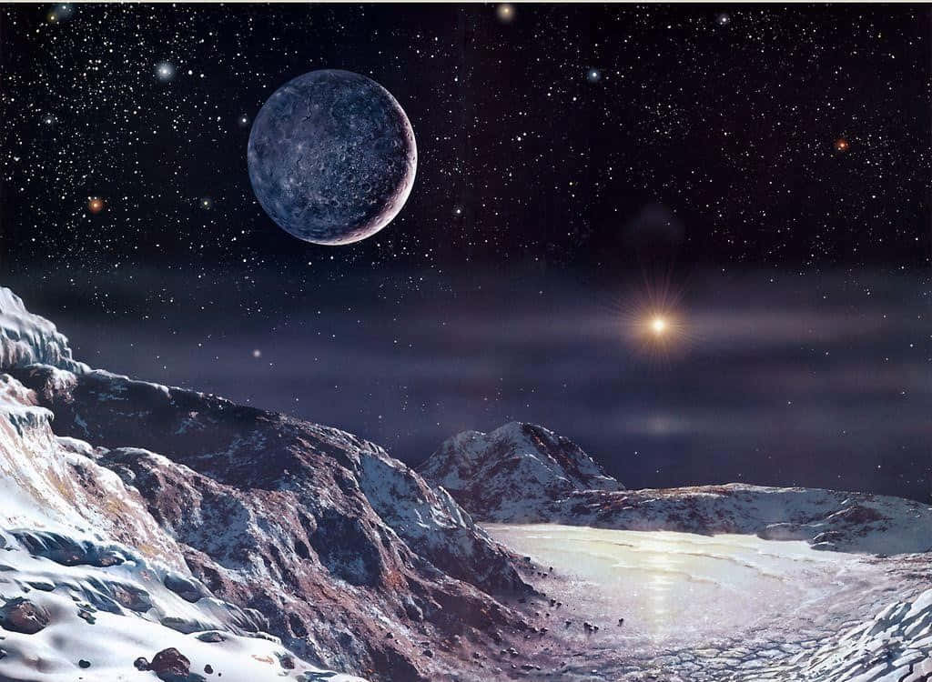 Einblick Auf Eine Schneebedeckte Landschaft Mit Einem Planeten In Der Ferne.