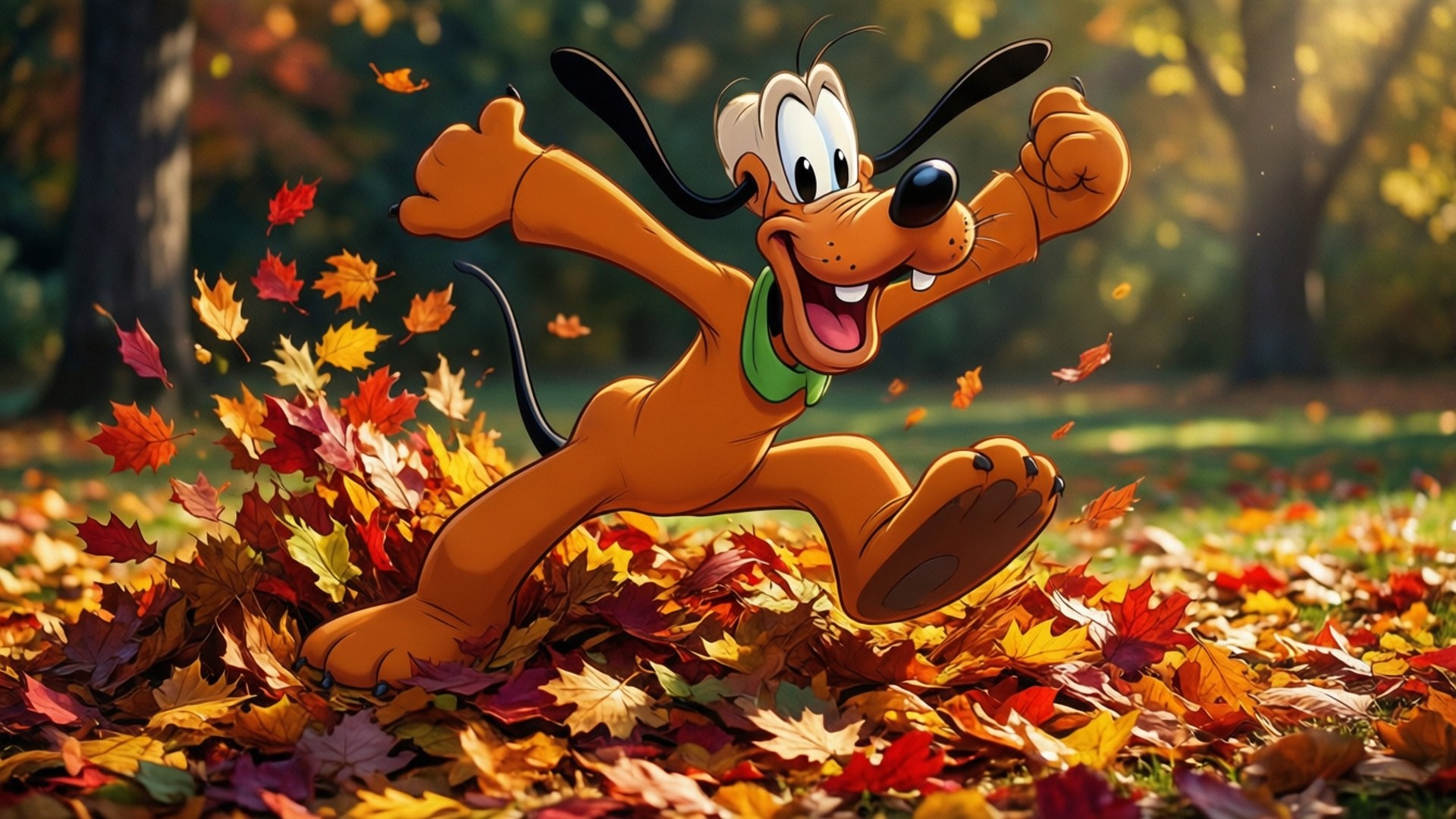 Pluto frolics in a pile of autumn leaves, full of joy.