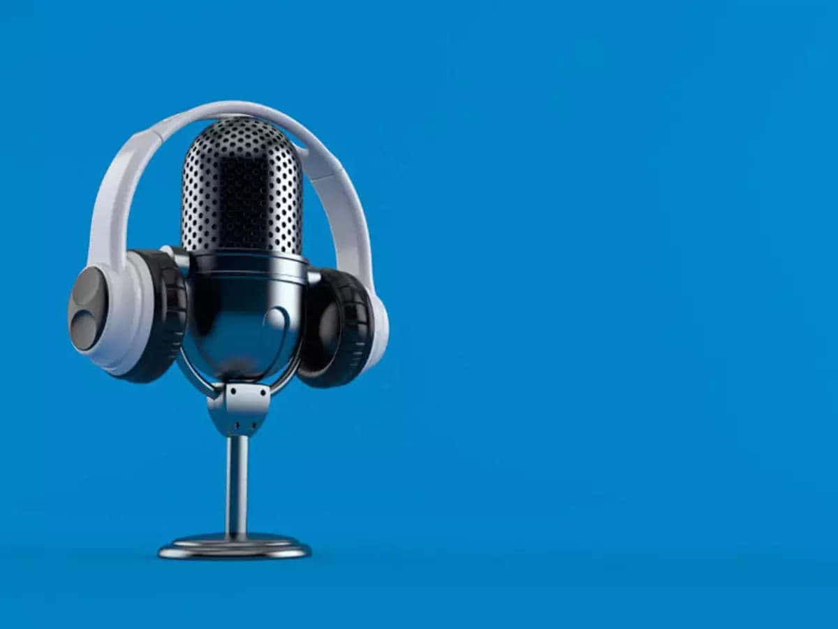 Landscape Podcast Microphone And Headphone Blue Background