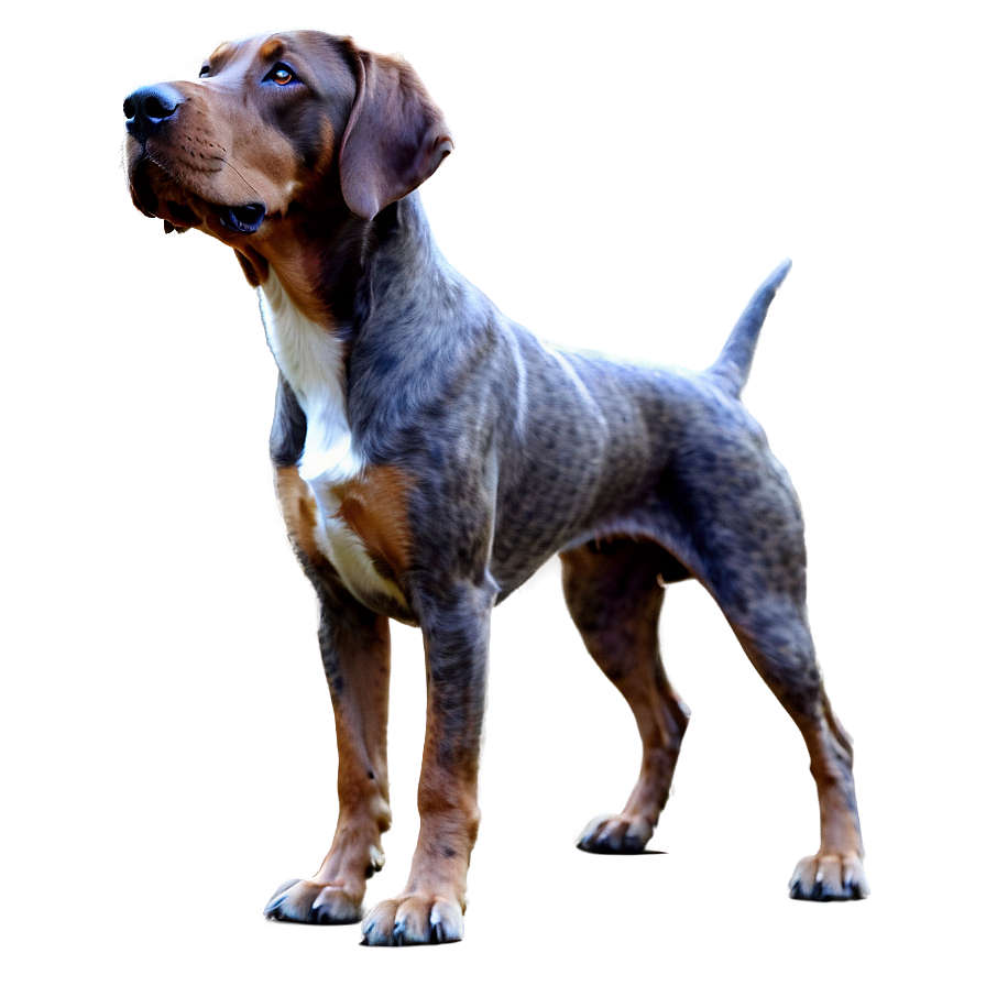 Ein gestromter und weißer Hund, der mit einer leuchtenden Kontur vor einem grauen Hintergrund steht.