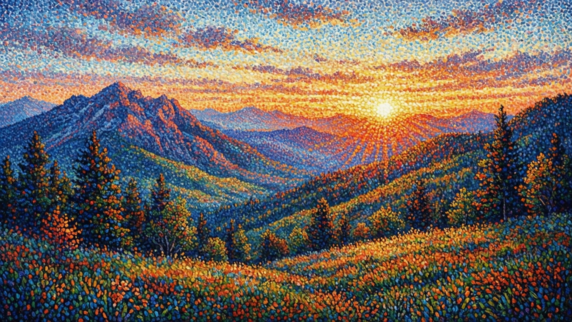 Matahari terbenam pointillist Wallpaper