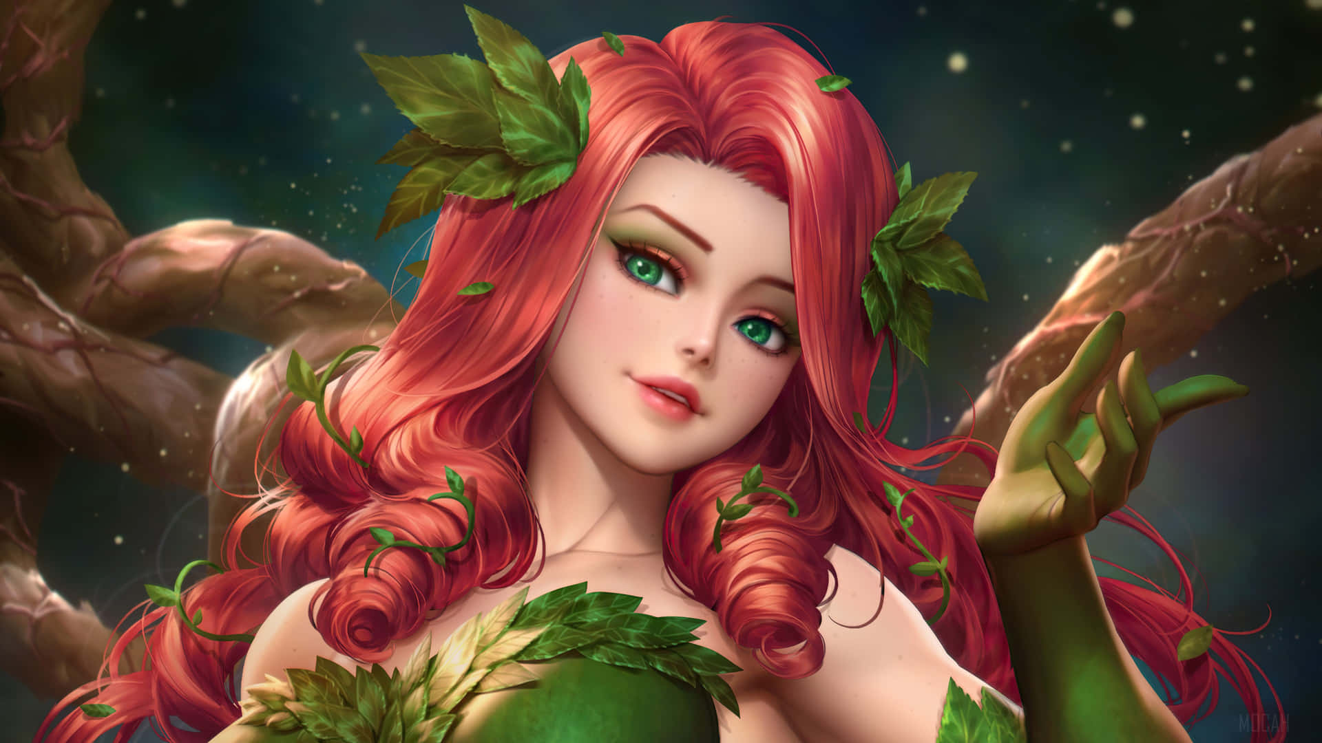 En pige med grønne blade og langt rødt hår