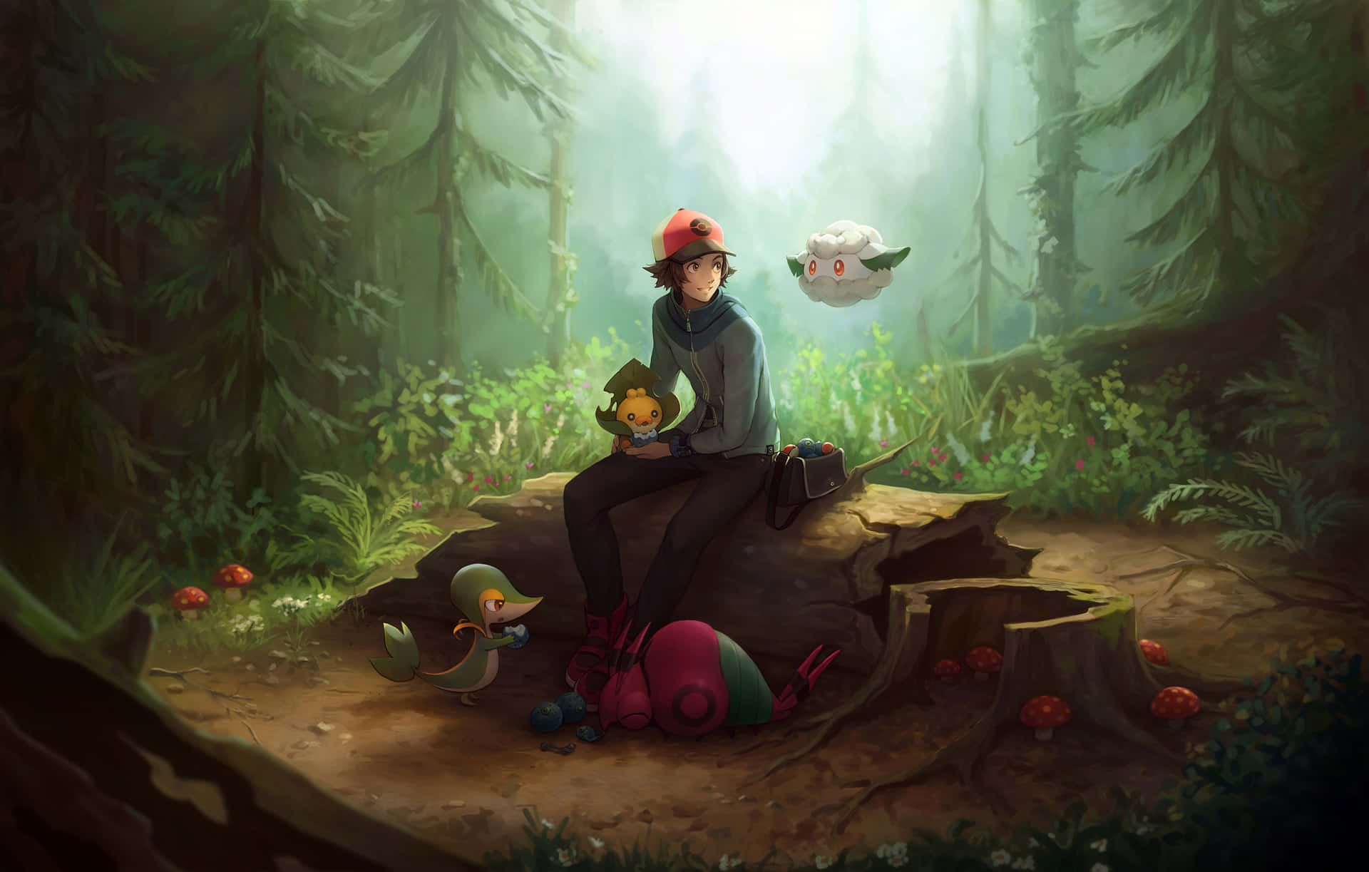 Hilbertmit Snivy, Sewaddle Und Cottonee Pokémon Hintergrund