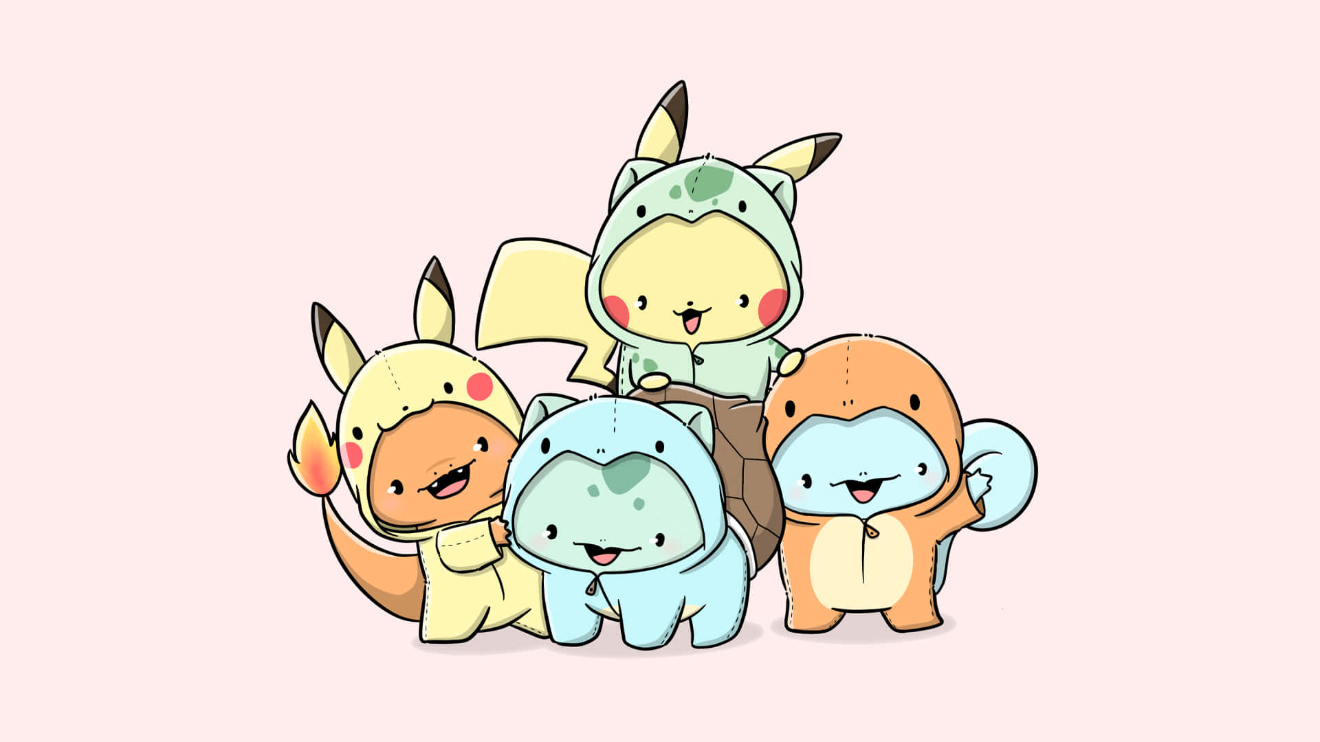 Pikachu,charmander, Squirtle Och Bulbasaur Pokemon-bakgrund Med Chibi-konst.