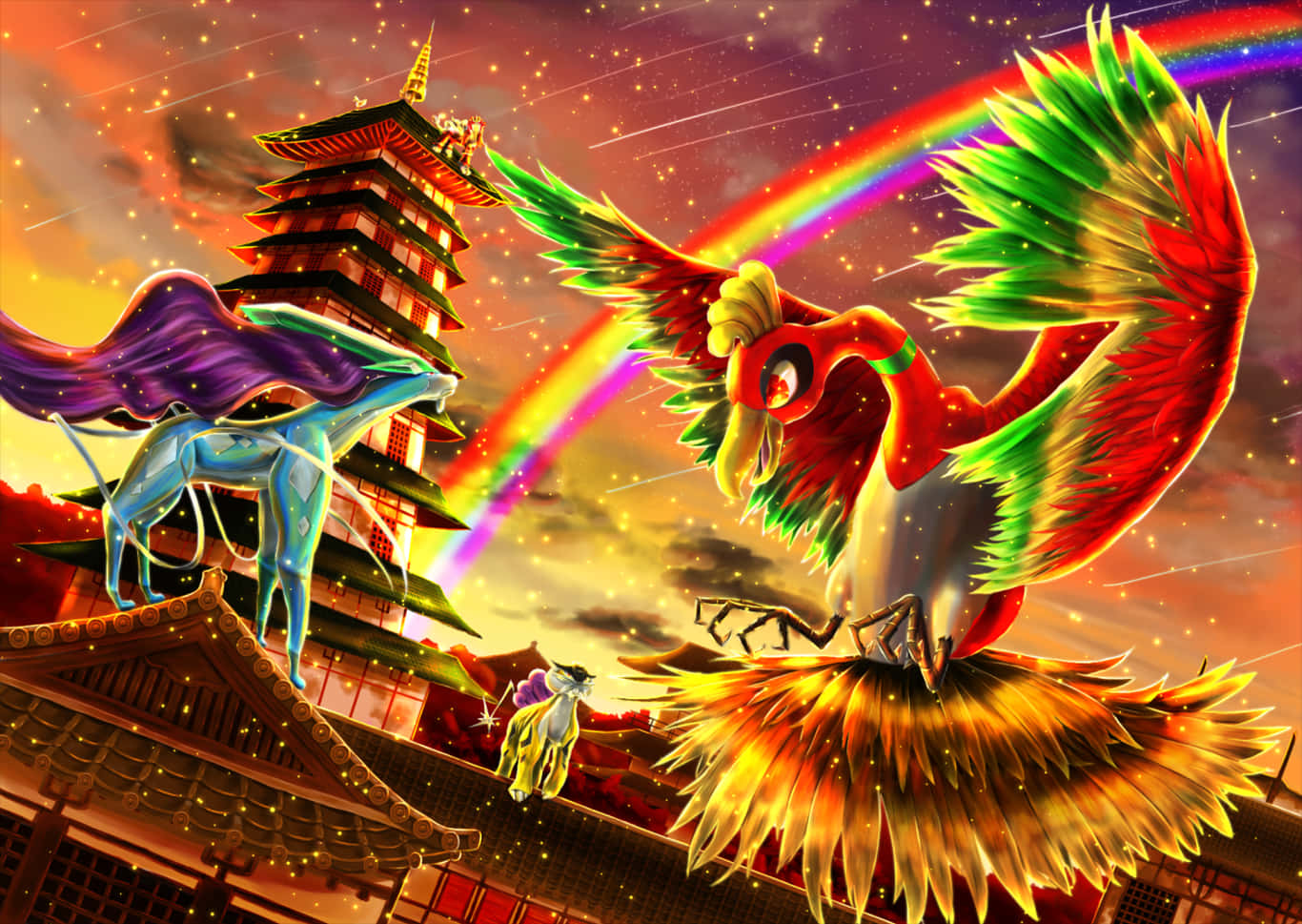 Ho-oh And Suicune Rainbow Pokemon Battle Background