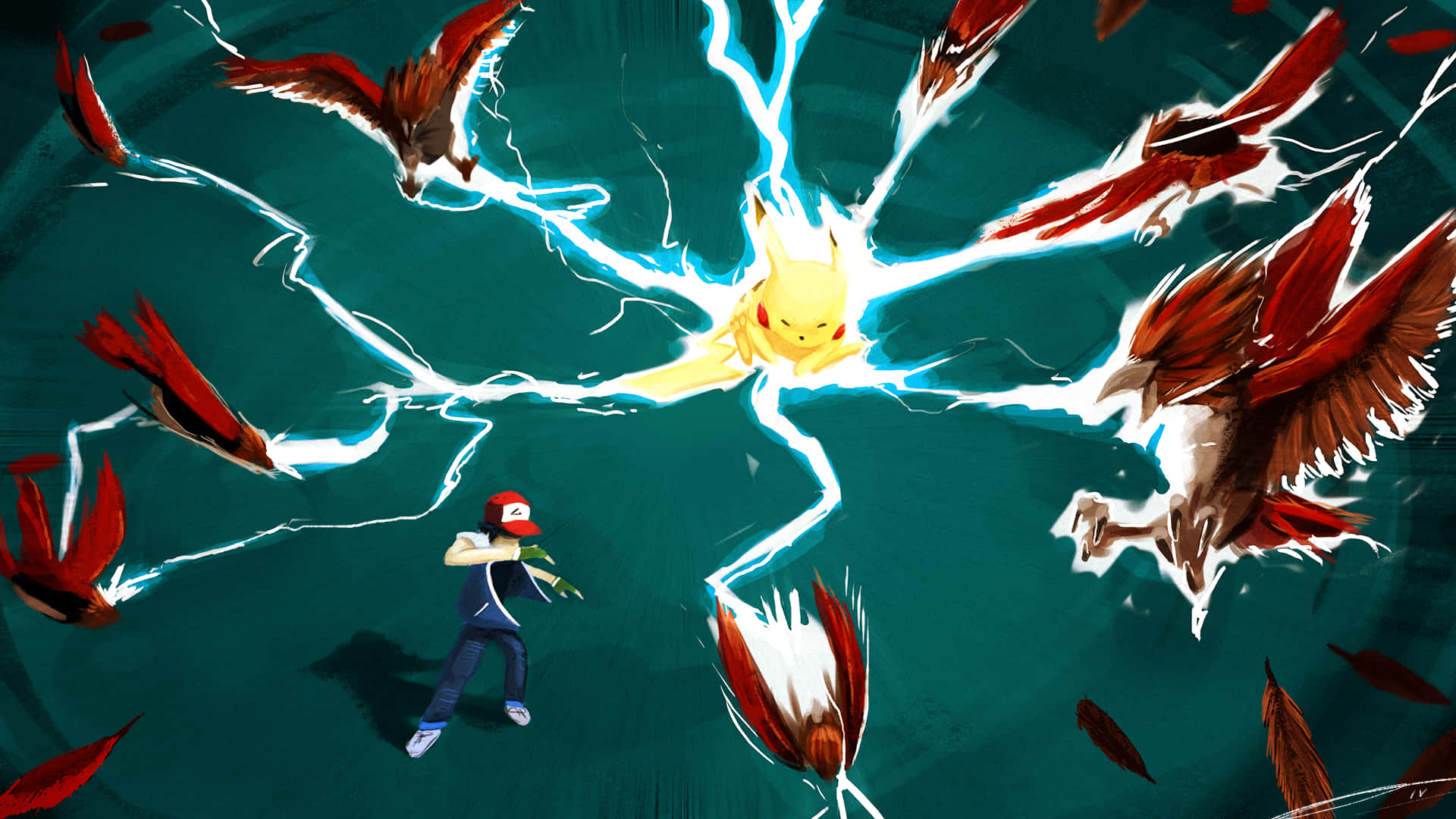 Fondode Pantalla De Batalla De Pokémon Con Pidgeotto Atacando A Pikachu Y Ash Ketchum.