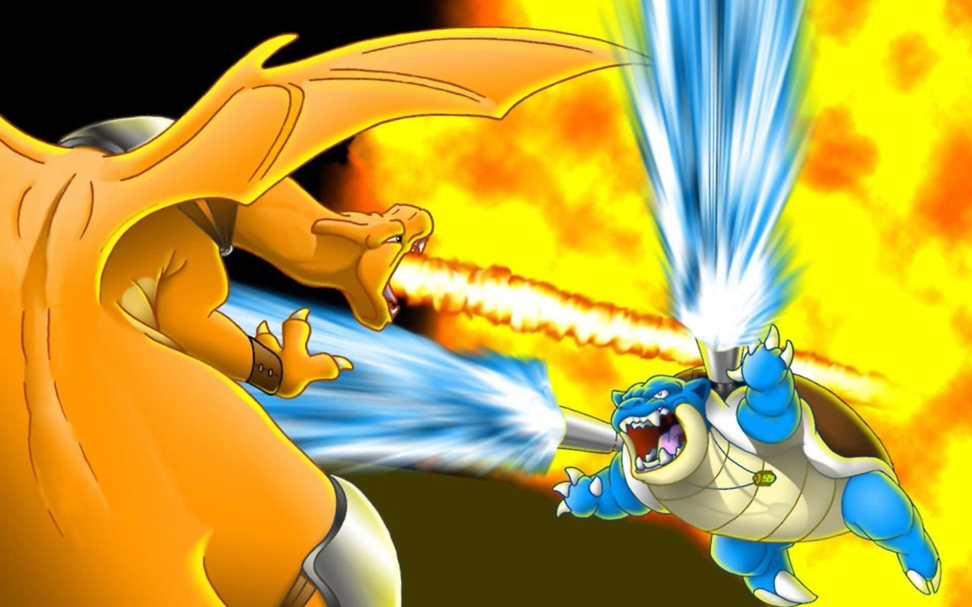 Bakgrundsbildmed Blastoise Och Charizard I En Pokemon-strid.