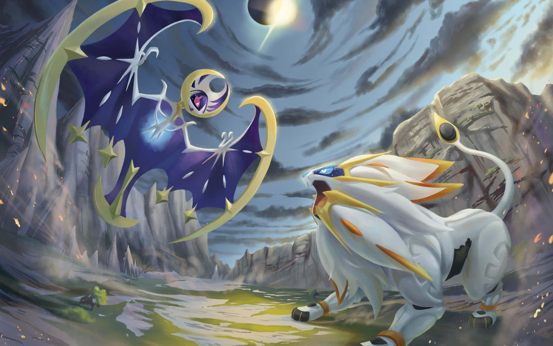Fondode Pantalla De Combate Pokémon Sol Y Luna En Un Paisaje De Campo De Batalla