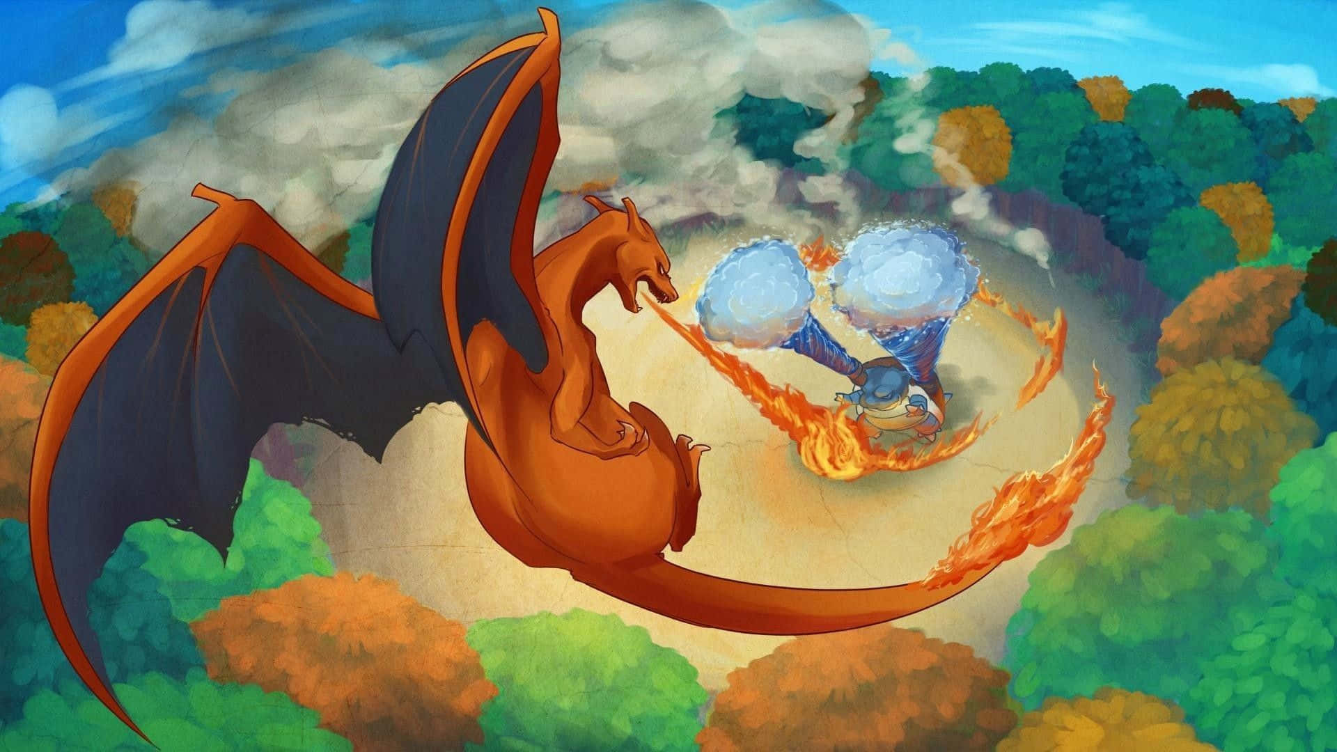Fondode Pantalla De La Batalla Entre Charizard Y Blastoise De Pokémon.