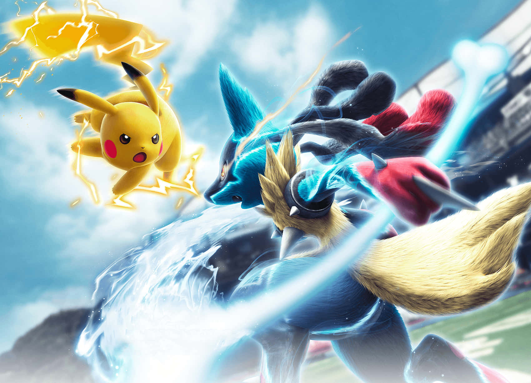 Pikachu And Lucario Pokemon Battle Background