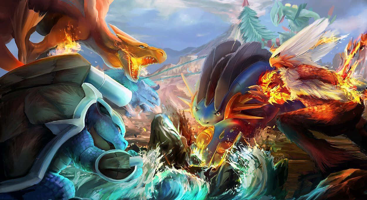 Fondode Batalla Animado Entre Los Pokemon De Fuego Y Agua