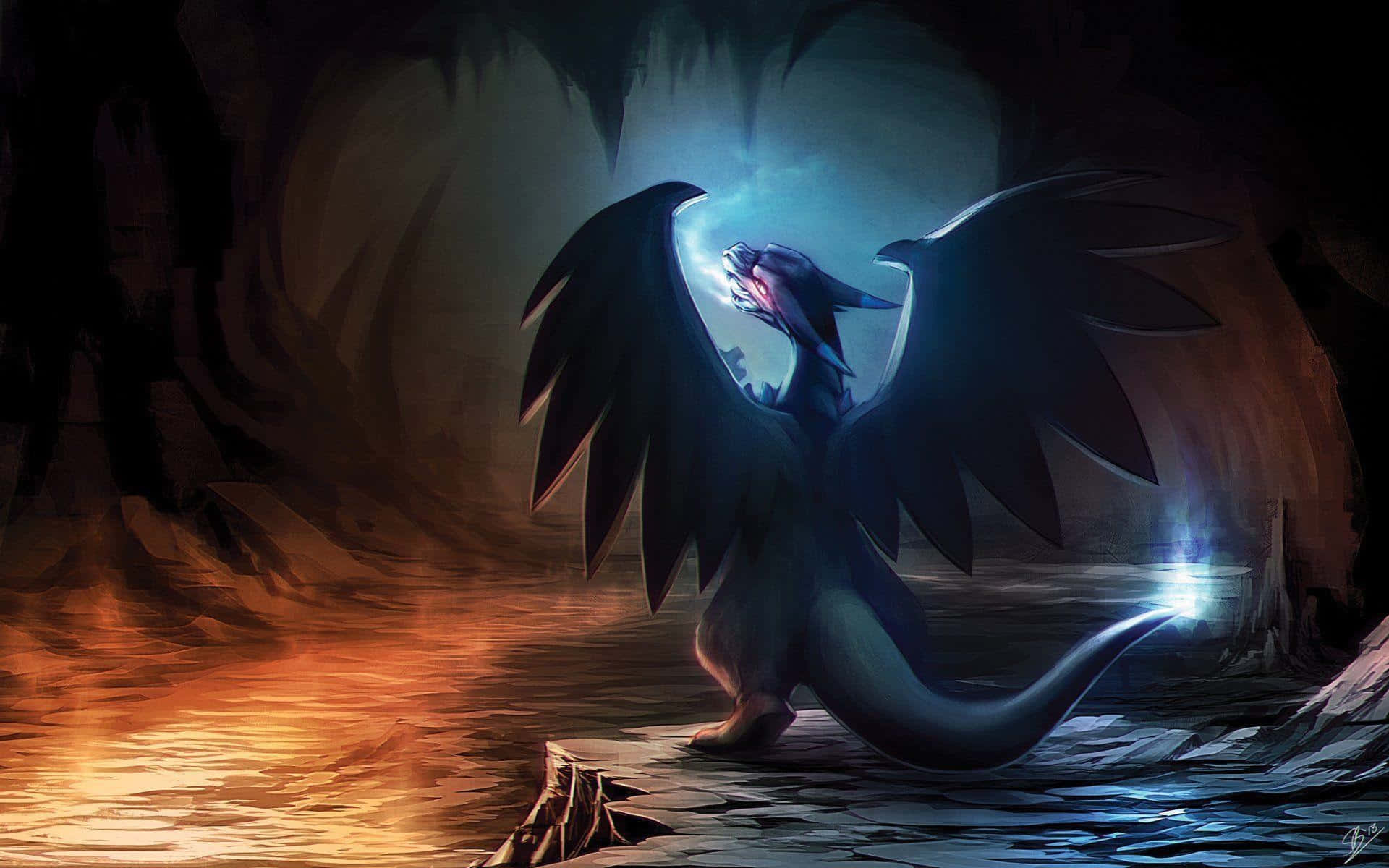 A Dragon Standing In A Cave With A Light Shining On It Wallpaper