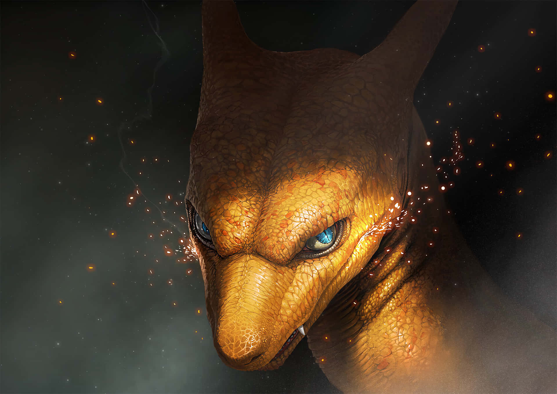 a dragon with blue eyes and a fire in its eyes Wallpaper