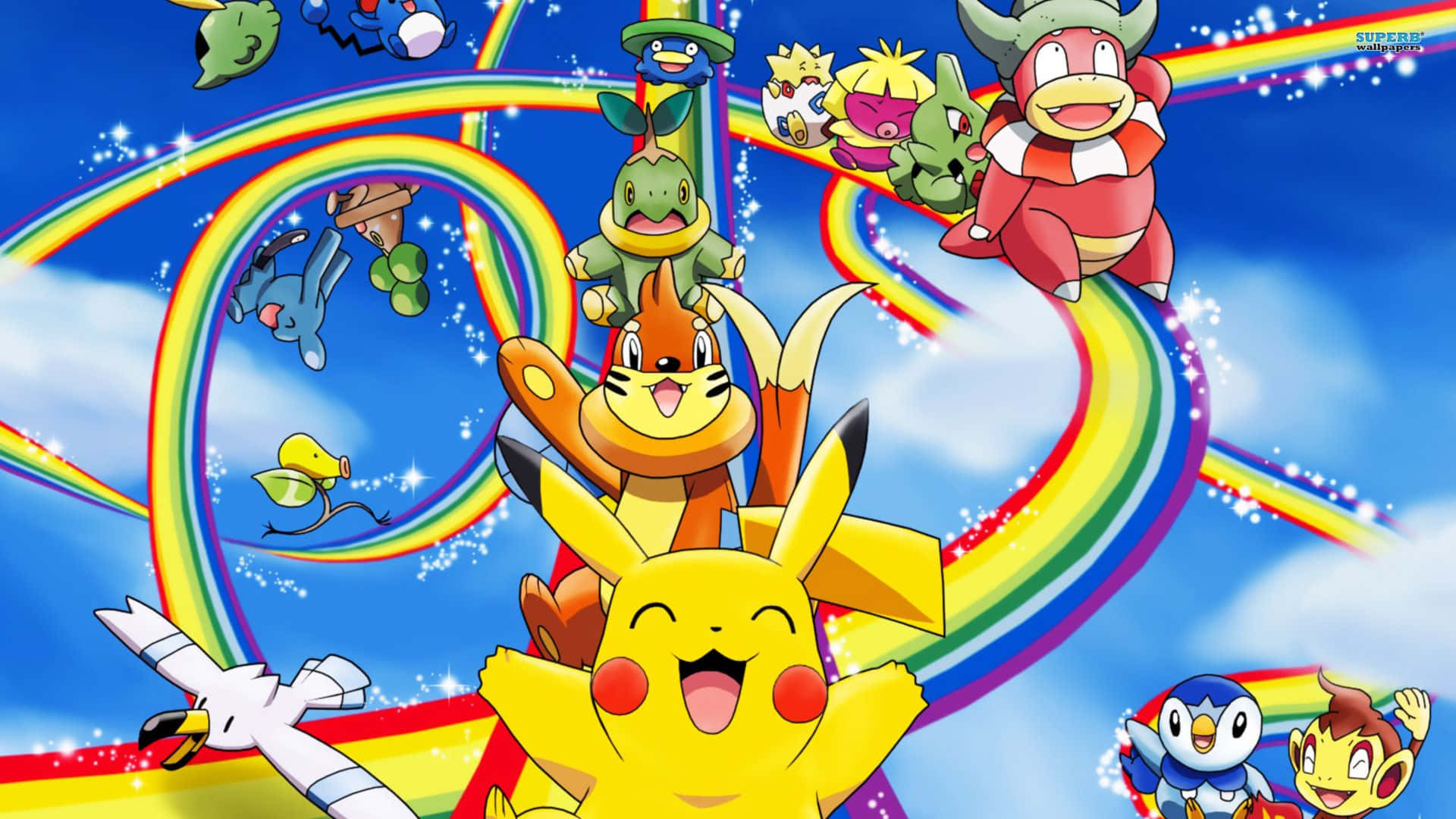 Pokémonweihnachts-pikachu Und Freunde Auf Der Regenbogenrutsche Wallpaper
