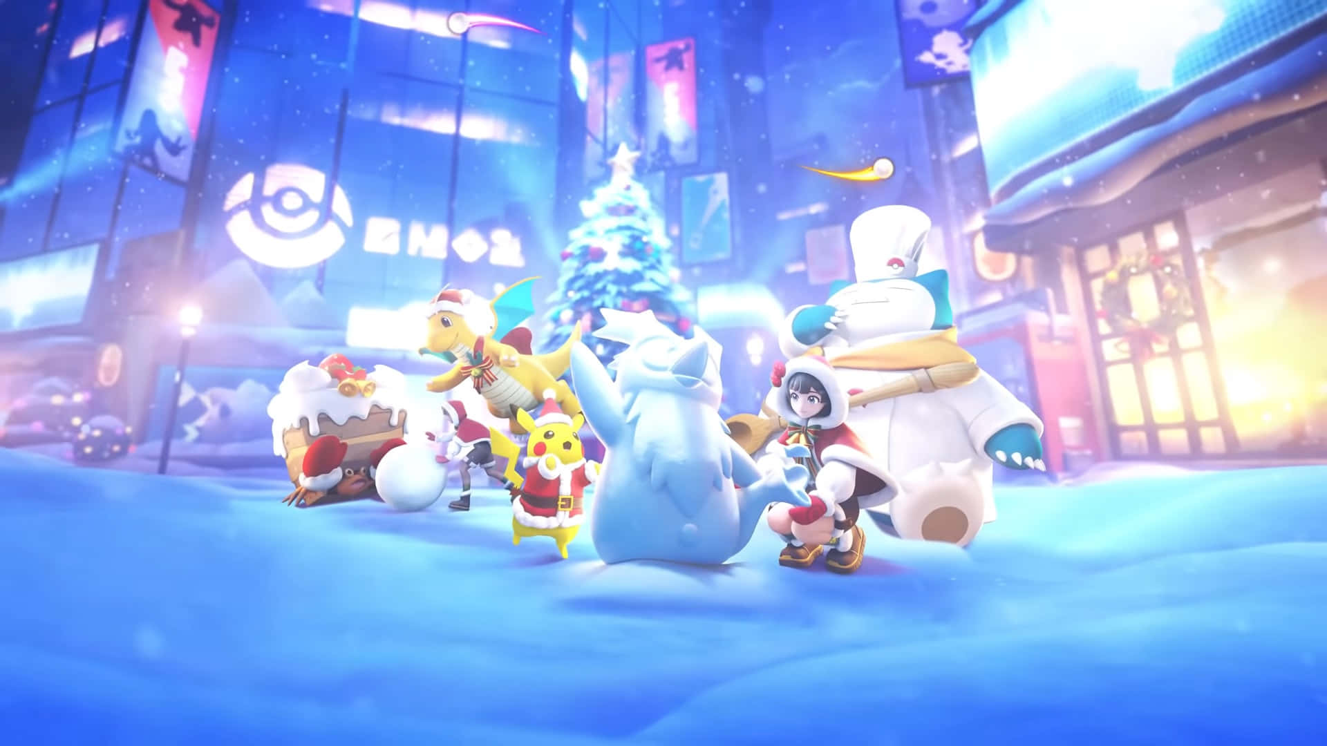 Pokémon Christmas Snowy Street Party Wallpaper