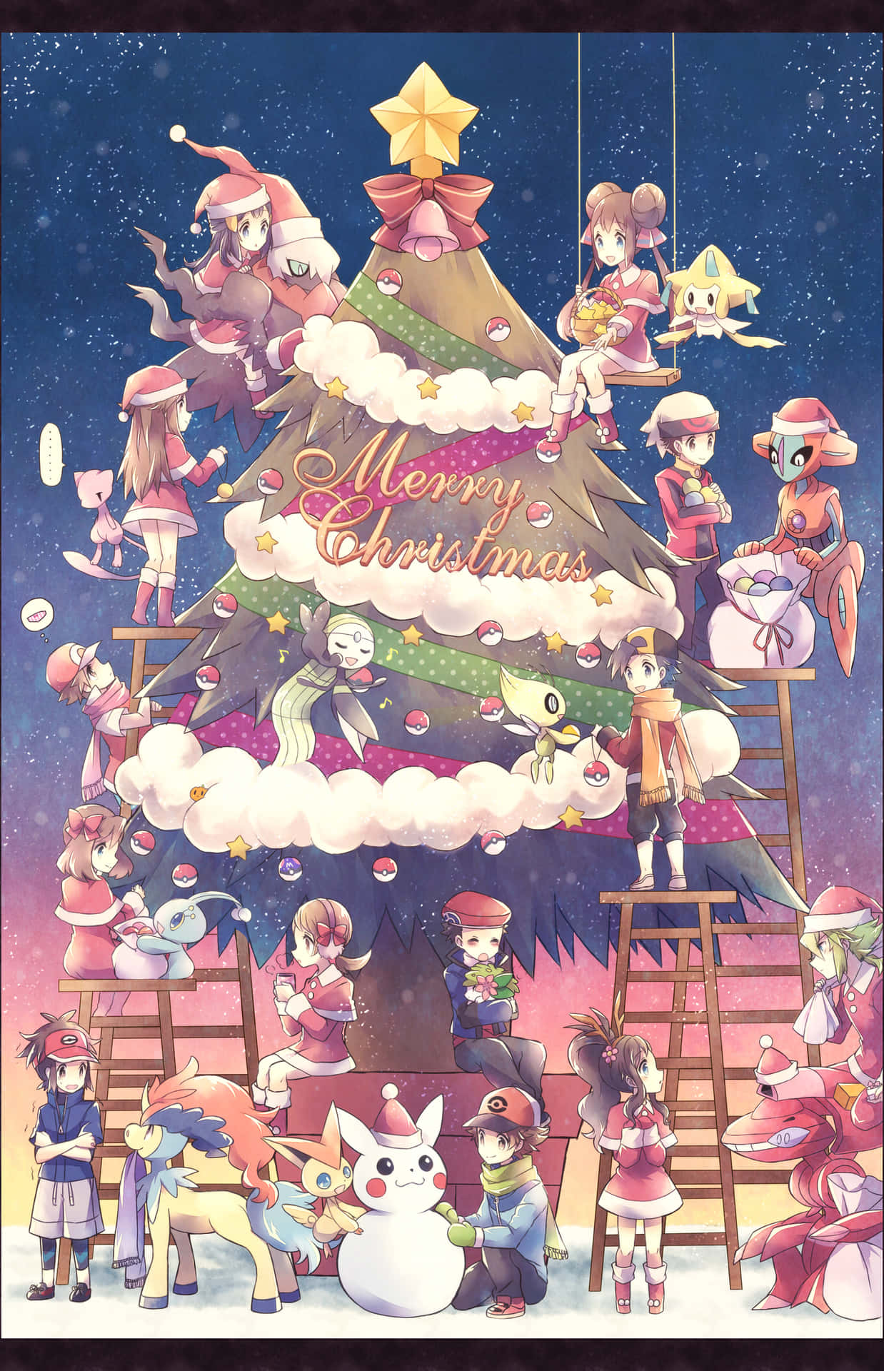 Pokémon And Trainers Decorating Christmas Tree Wallpaper