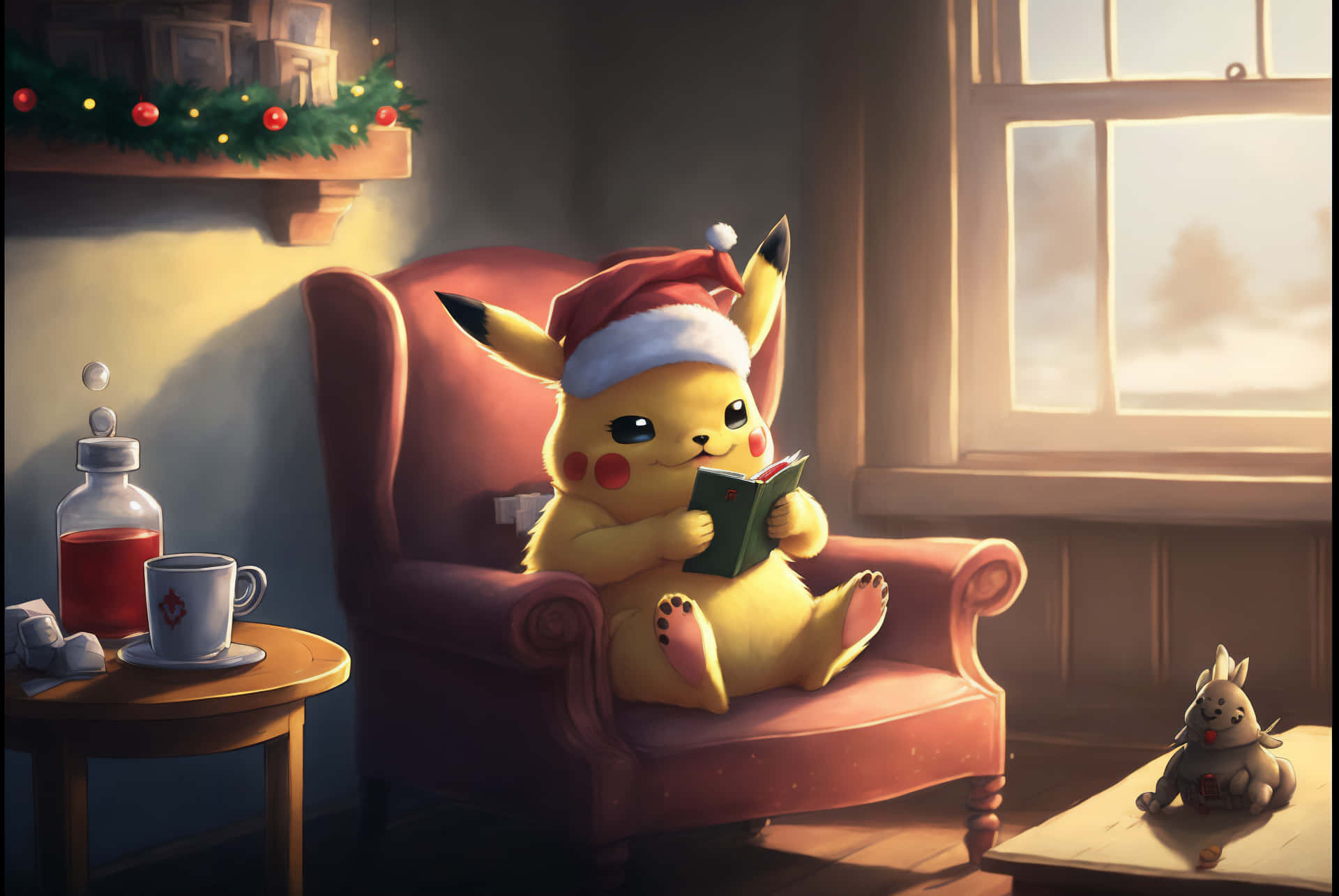 Pokémonpikachu De Navidad Leyendo Un Libro. Fondo de pantalla