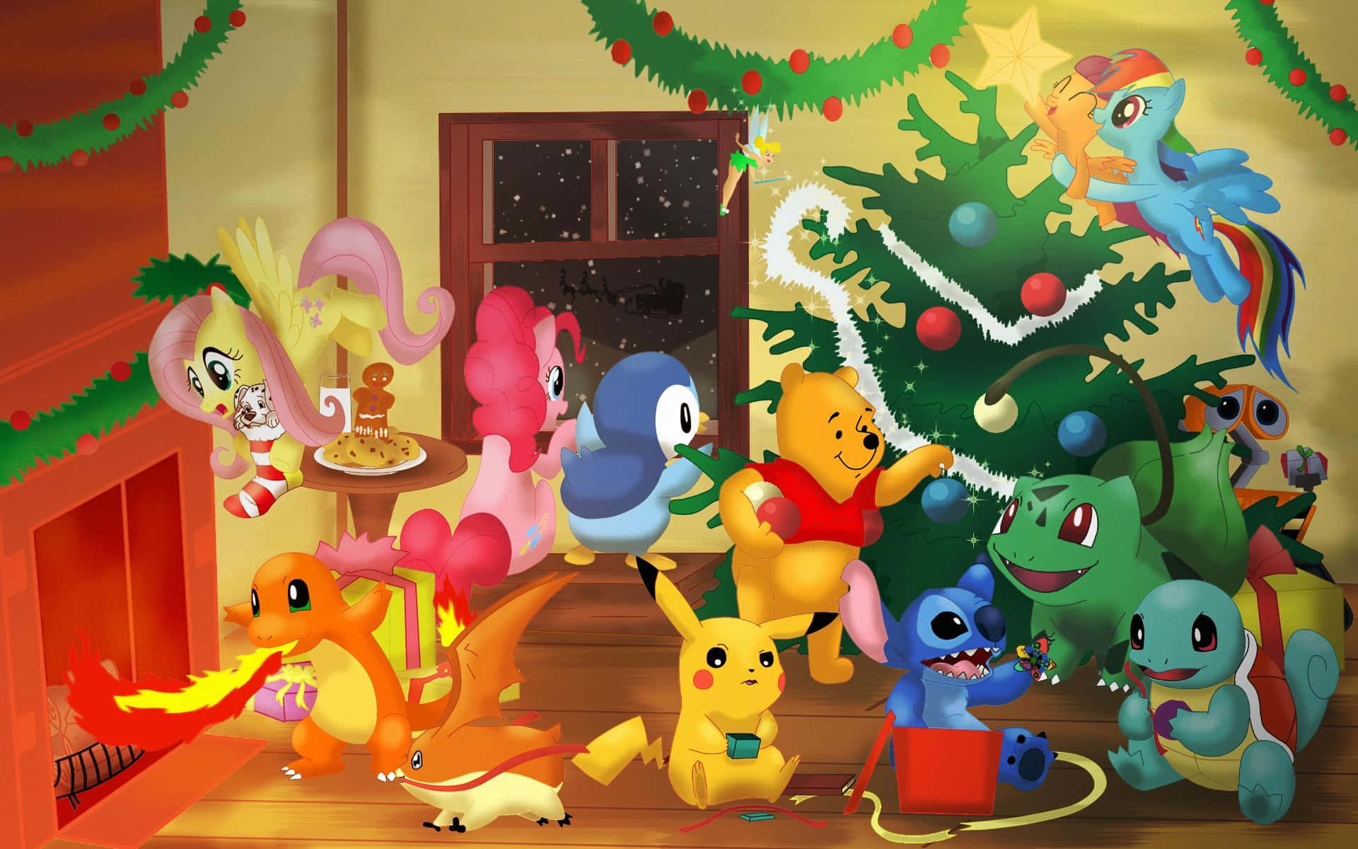 A Group Of Cartoon Characters Around A Christmas Tree Wallpaper