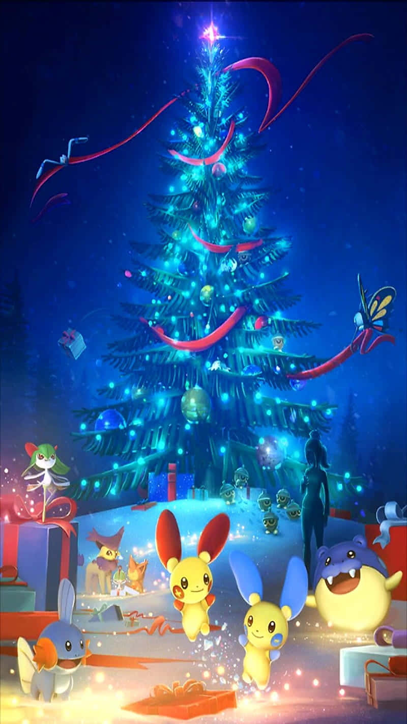 Blaubeleuchteter Pokémon Weihnachtsbaum Wallpaper