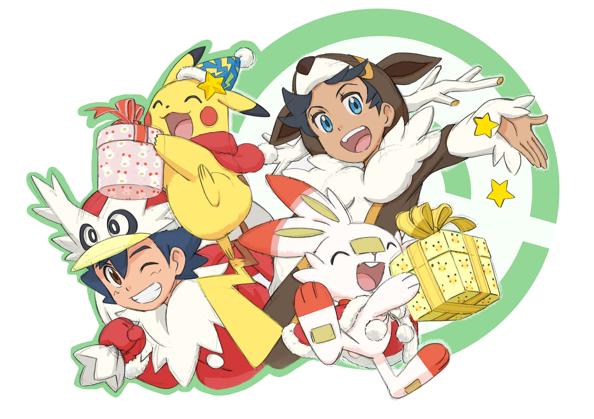 Pokémon Christmas Pikachu And Trainer With Gifts Wallpaper