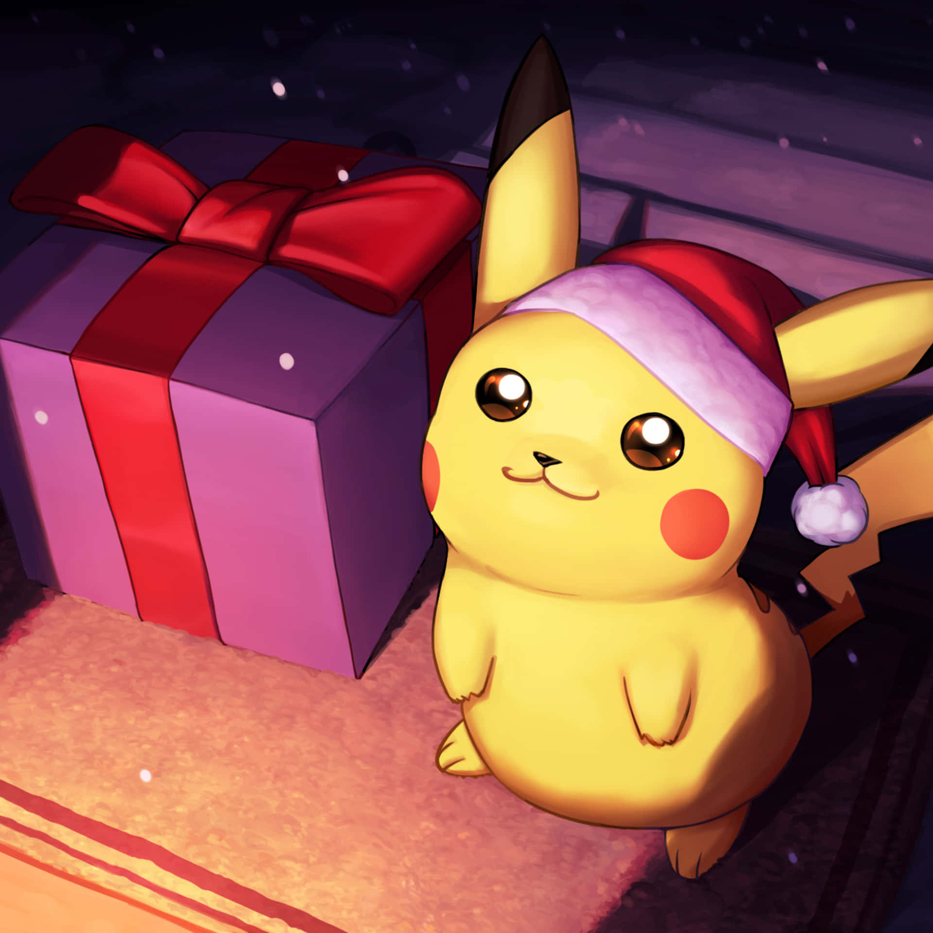 Pokémonweihnachten Pikachu Mit Weihnachtsgeschenk Wallpaper