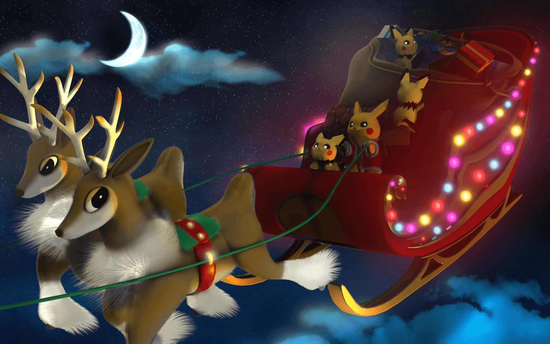 Pokémon Christmas In Sleigh With Reindeer Wallpaper
