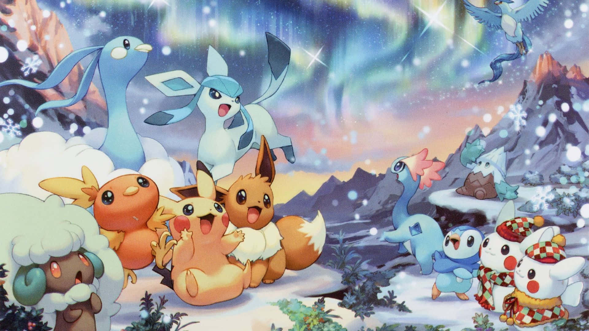 Pokémon Christmas With Aurora Sky Wallpaper