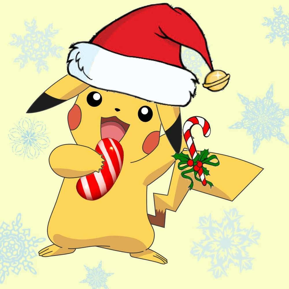 Pokémon Christmas Pikachu With Santa Hat And Candy Cane Wallpaper
