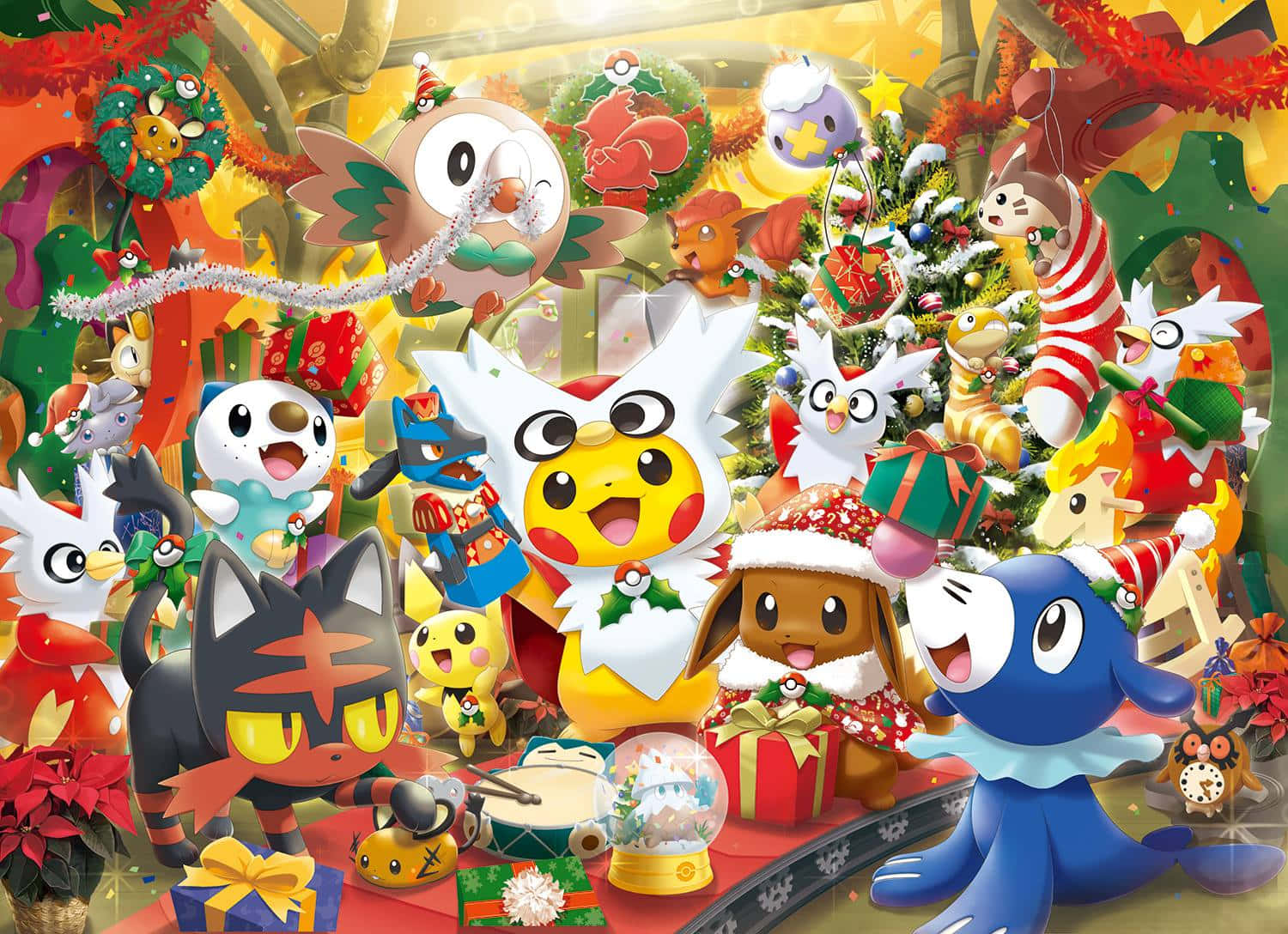 Pikachuy Eevee Celebrando La Navidad. Fondo de pantalla