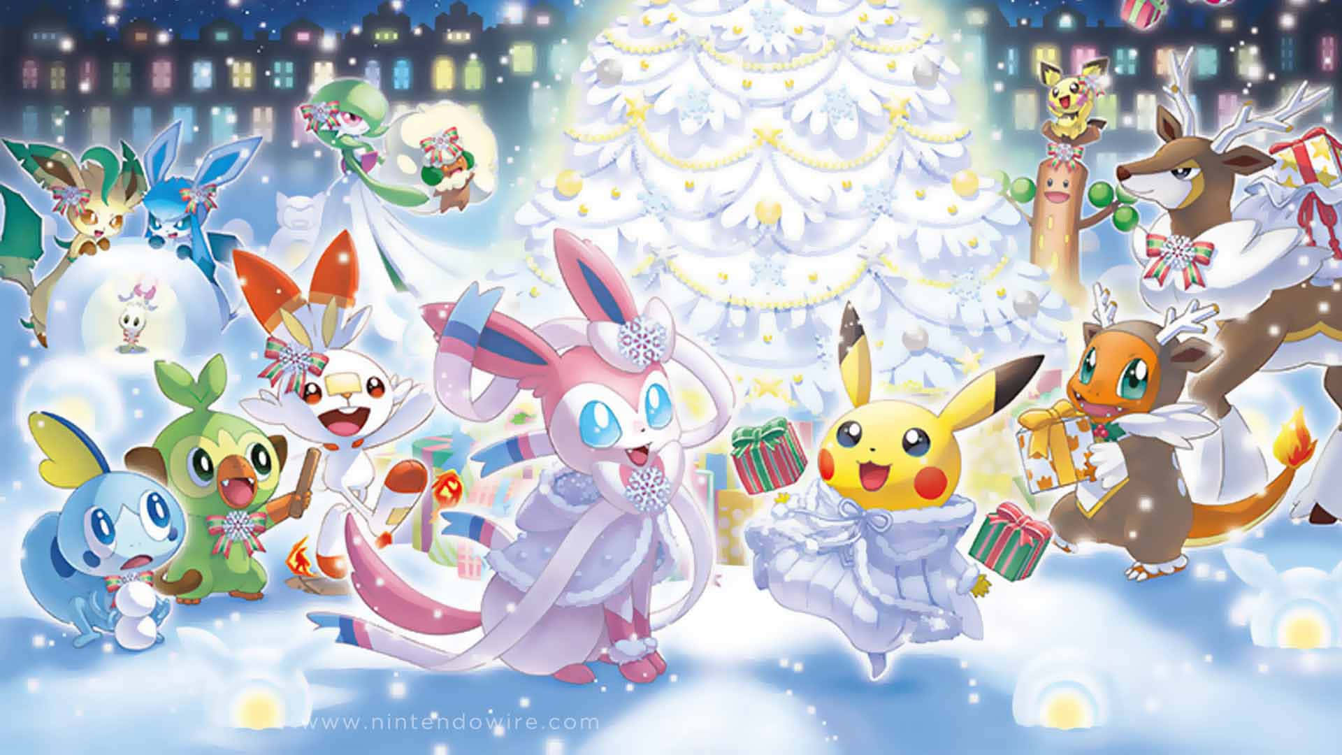 White-themed Pokémon Christmas Party Wallpaper