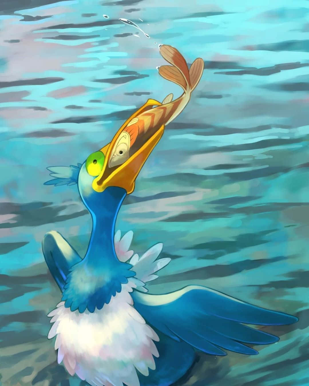 Cramorantde Pokémon Comiendo En El Lago. Fondo de pantalla