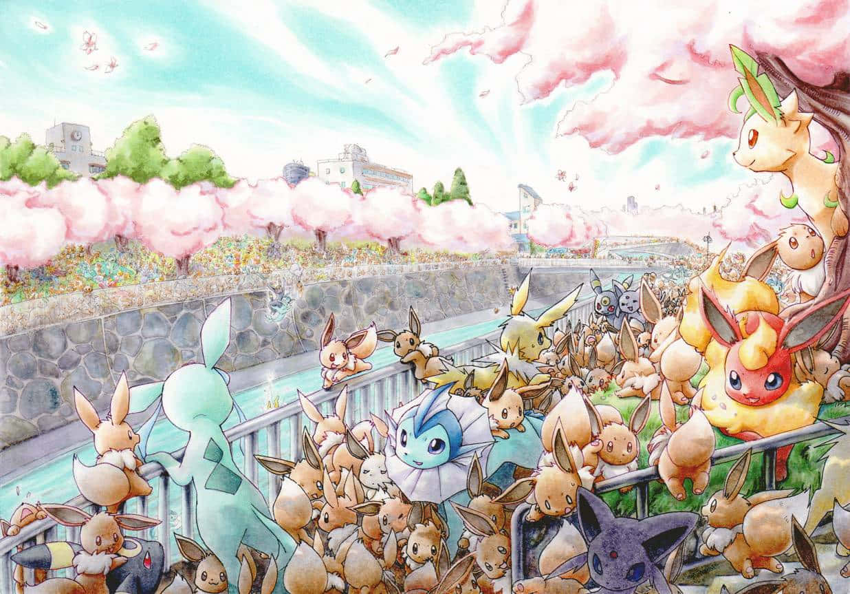 Pokémoneevee Reuniéndose En Un Parque De Primavera. Fondo de pantalla