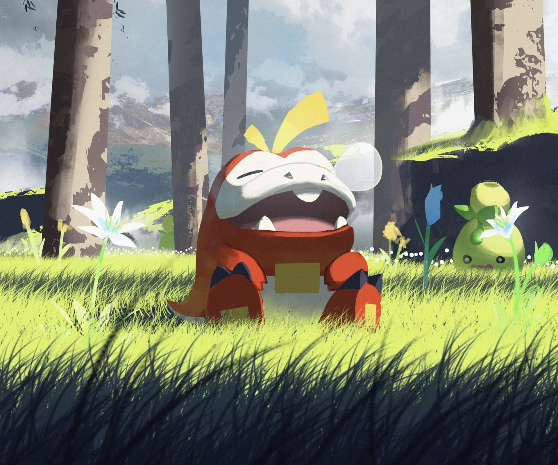 Pokemonfuecoco Som Sitter På Gräset. Wallpaper