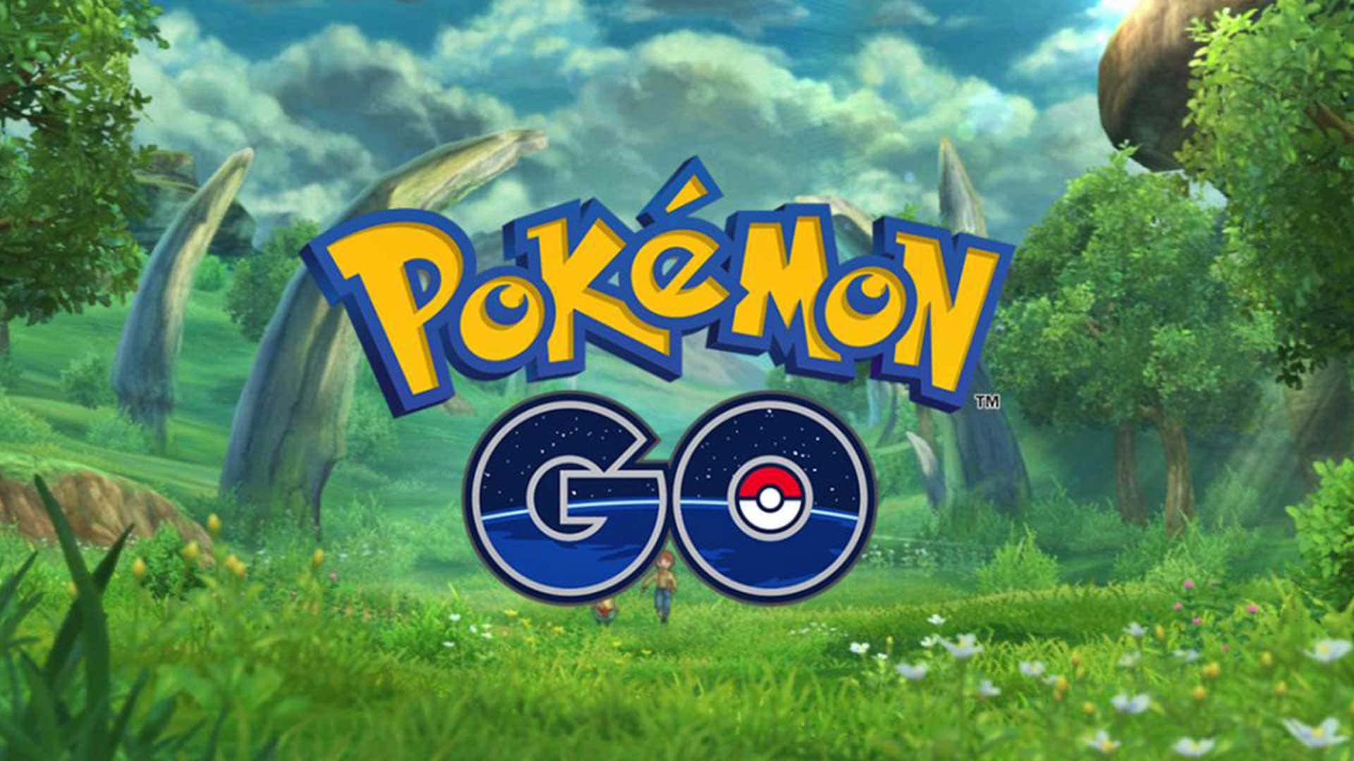 Logotipode Pokémon Go Con Árboles Y Césped Fondo de pantalla