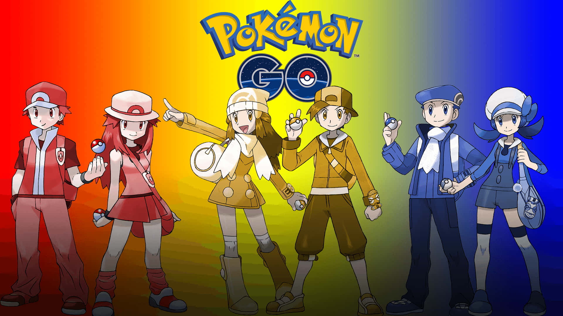 Pokémongo Charaktere Stehen Vor Einem Regenbogen-hintergrund. Wallpaper