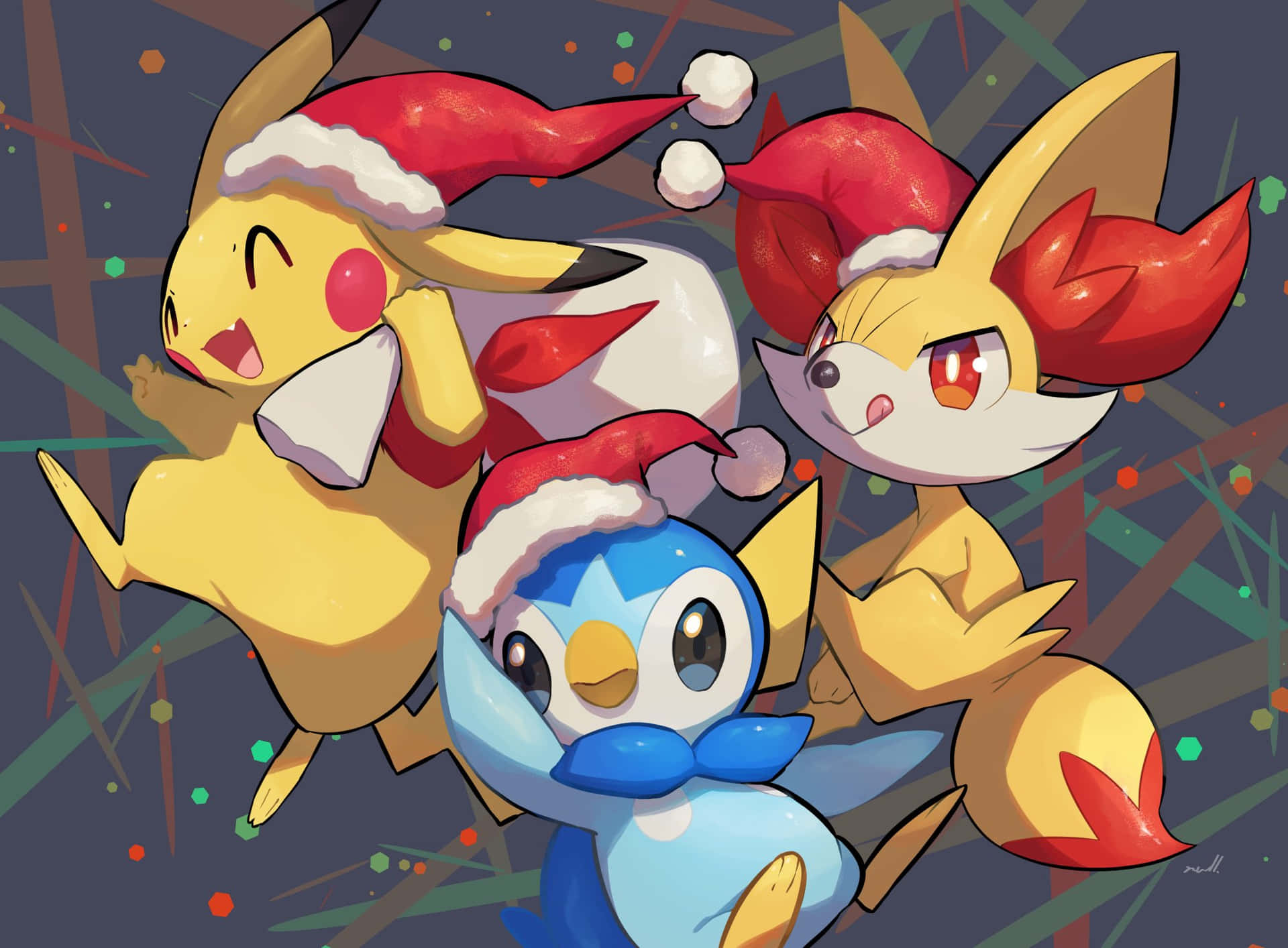 Einegruppe Von Pikachu Und Pikachu, Die Weihnachtsmützen Tragen. Wallpaper
