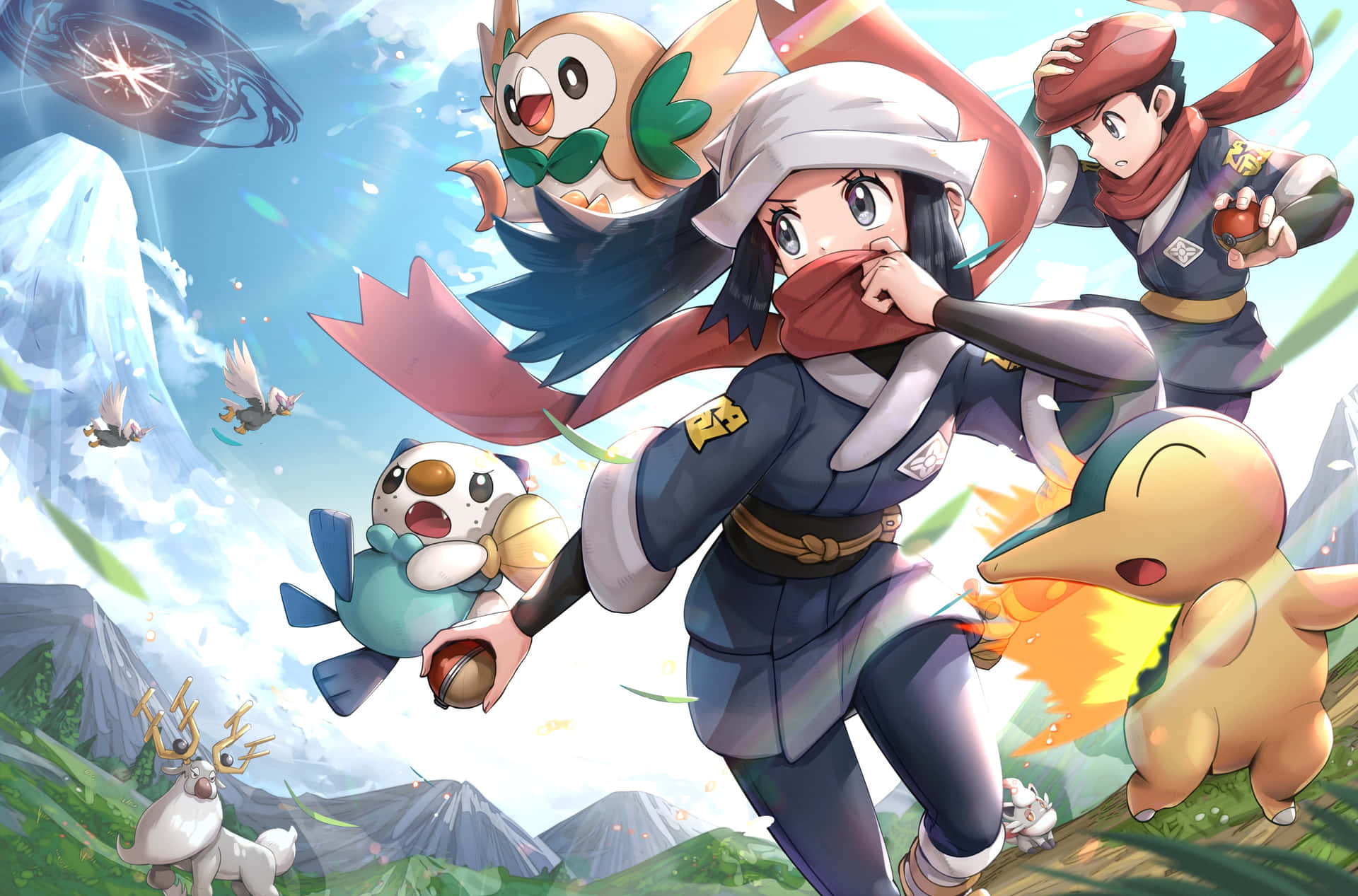Personajesde Pokémon Legends Arceus Con Braviary Volando. Fondo de pantalla