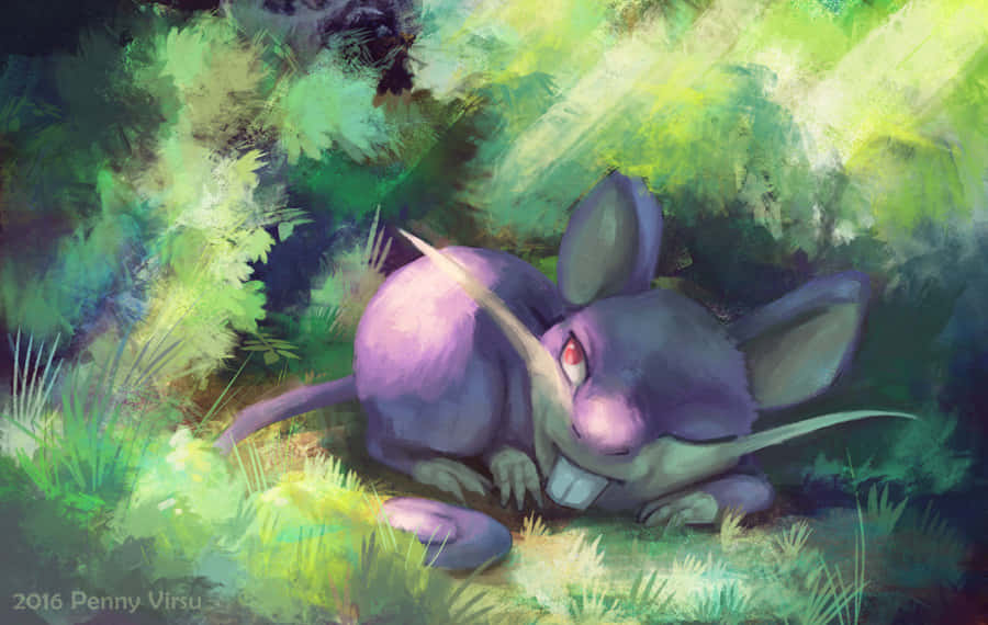 Pokémon Rattata Lying Below A Green Bush And Grass Wallpaper