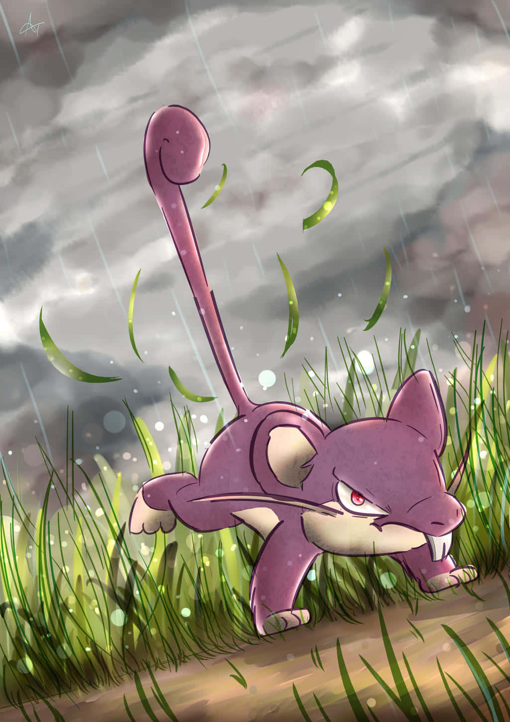 Pokémon Rattata Running In A Green Grass Field And Gray Sky Wallpaper