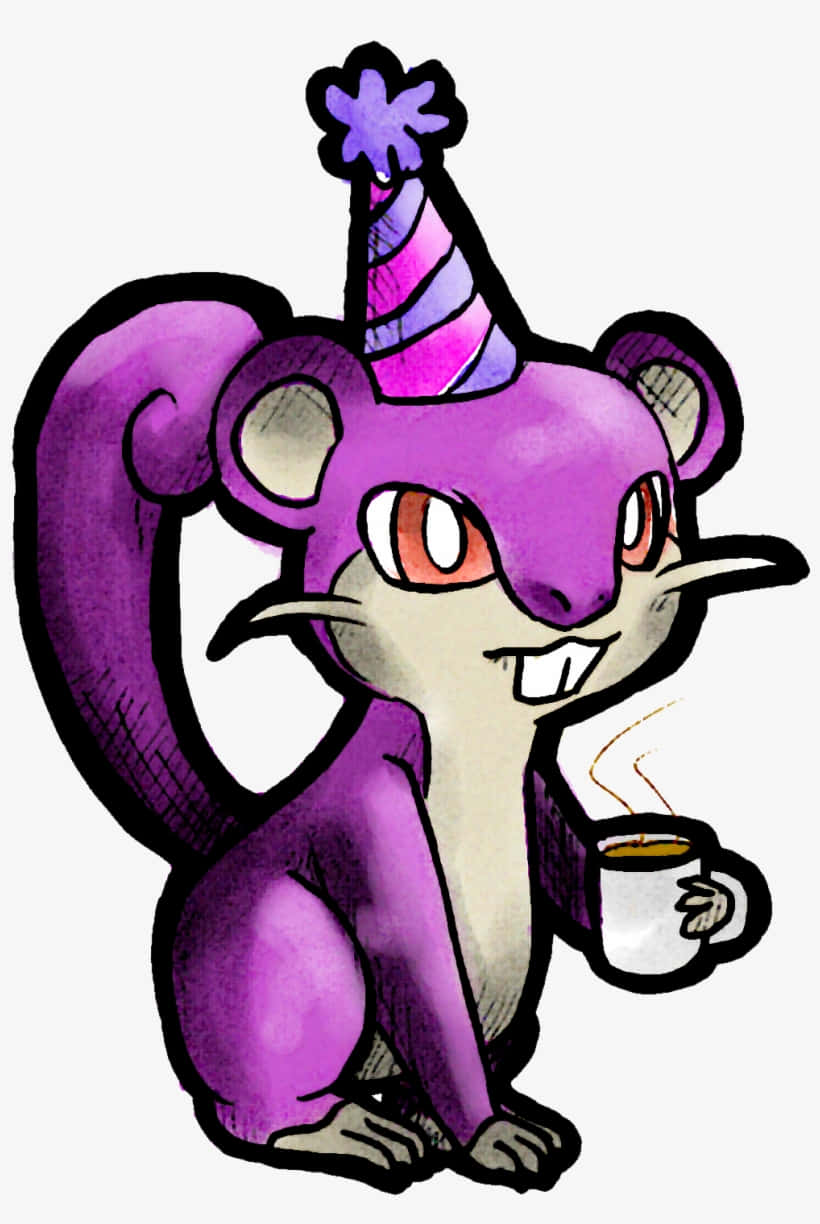 Pokémon Rattata Wearing A Birthday Cap And Holding A Cup Of Coffee Wallpaper