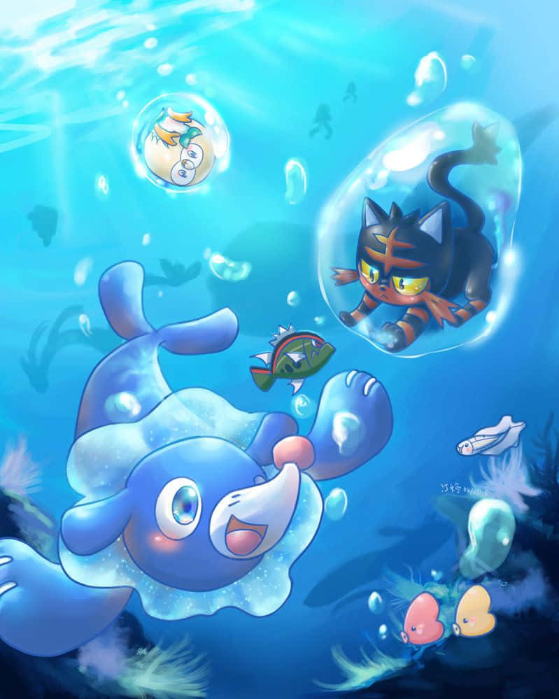 Einezeichentrickfigur Einer Katze Und Eines Delfins, Die Im Meer Schwimmen. Wallpaper