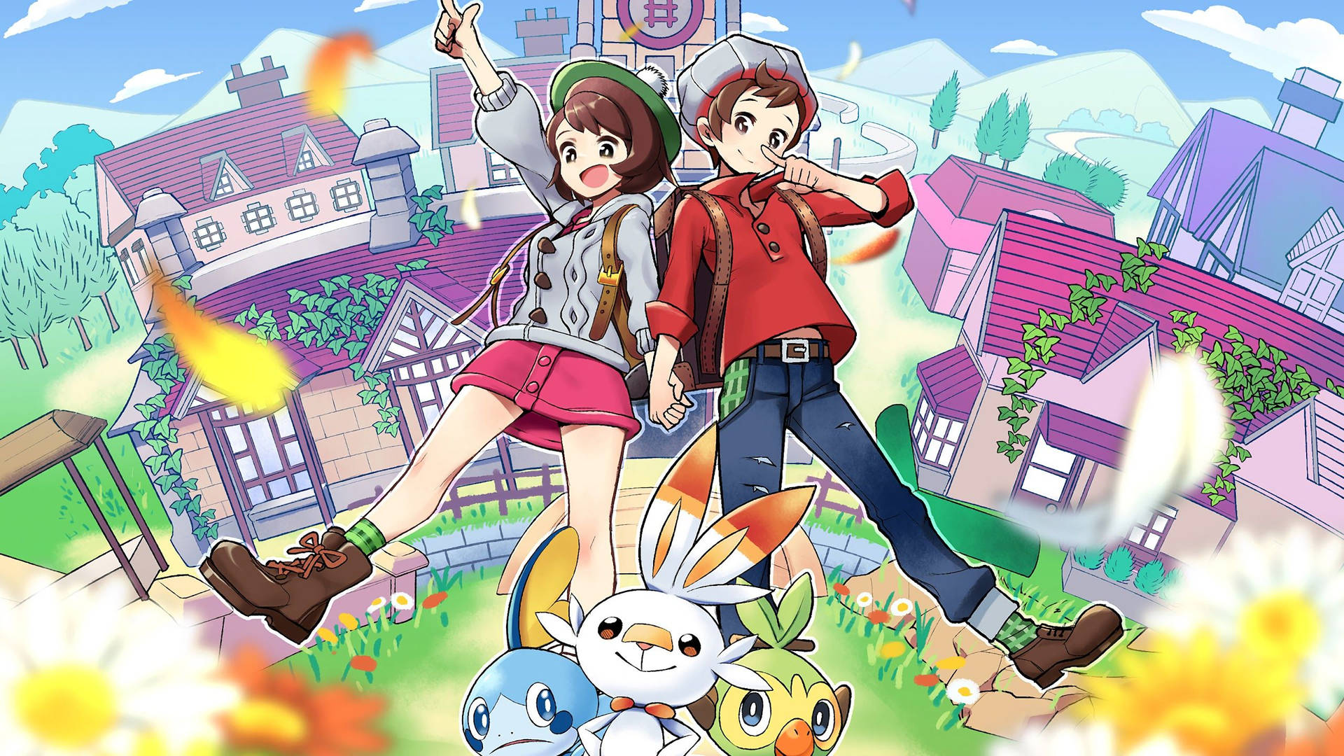 Trainer Ash Ketchum exploring the Galar region with his Pokémons in Pokemon Sword and Shield Wallpaper
