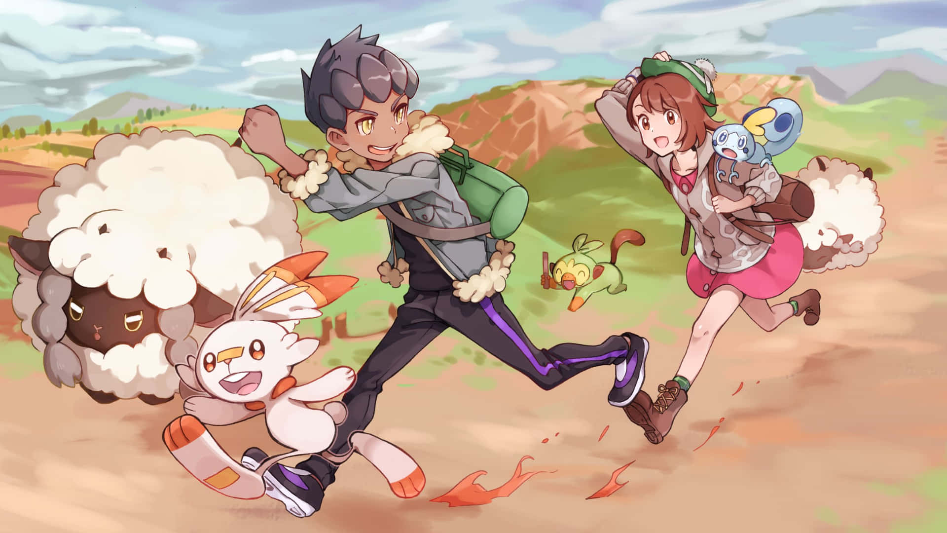 Pokemon Trainersand Starters Joyful Run Wallpaper