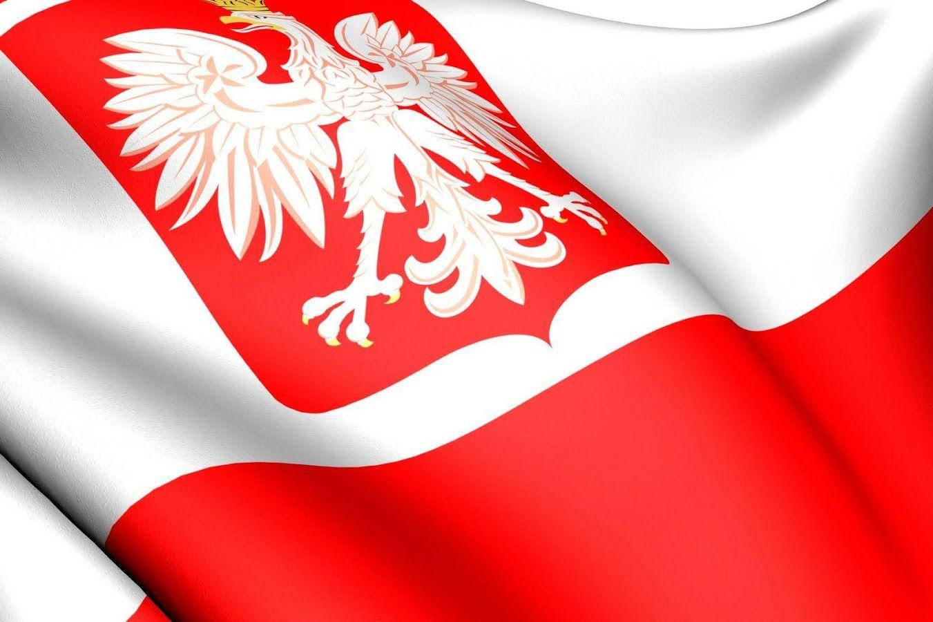The proud Polish flag fluttering in the wind against a clear blue sky. Wallpaper