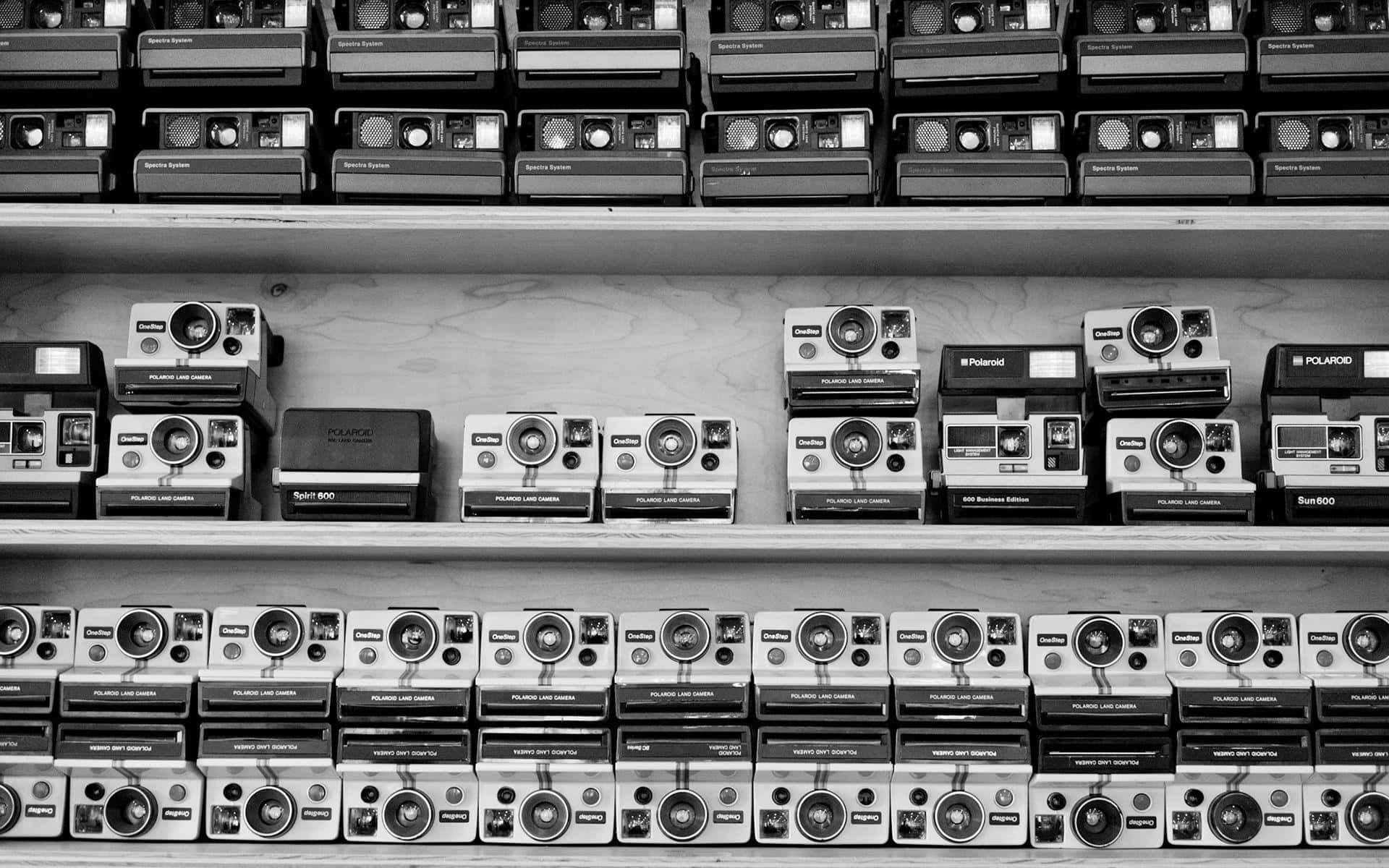 A Black And White Photo Of A Shelf Full Of Polaroid Cameras