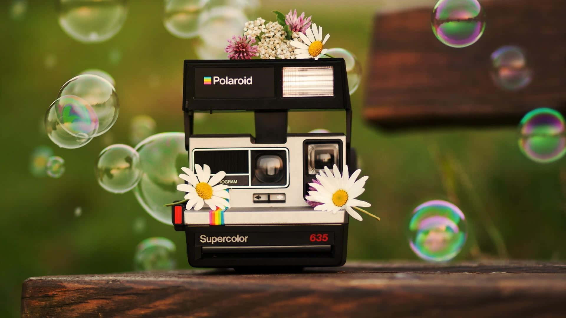 Polaroid Camera With Flowers And Bubbles On A Bench